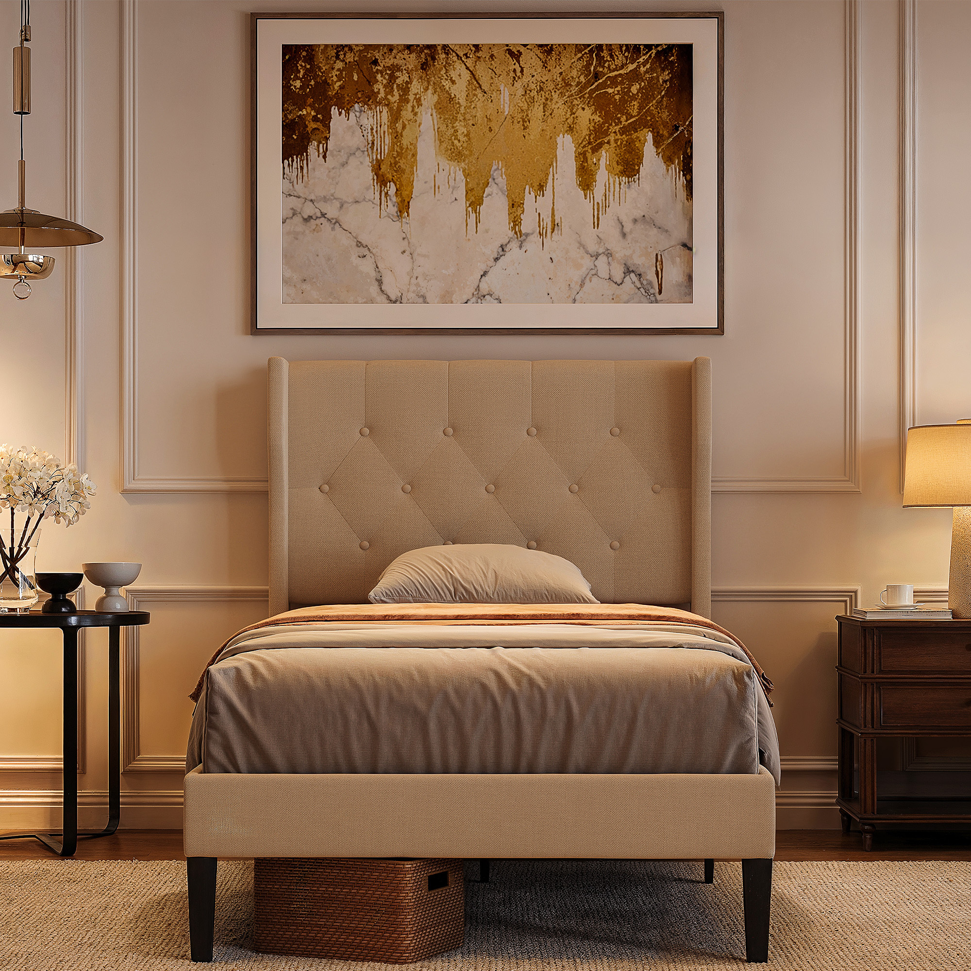 Image of Padded Single Bed With Wing Headboard & Platform Bed Frame | 90x200 Cm | | Dark Grey | Single Bed Frame
