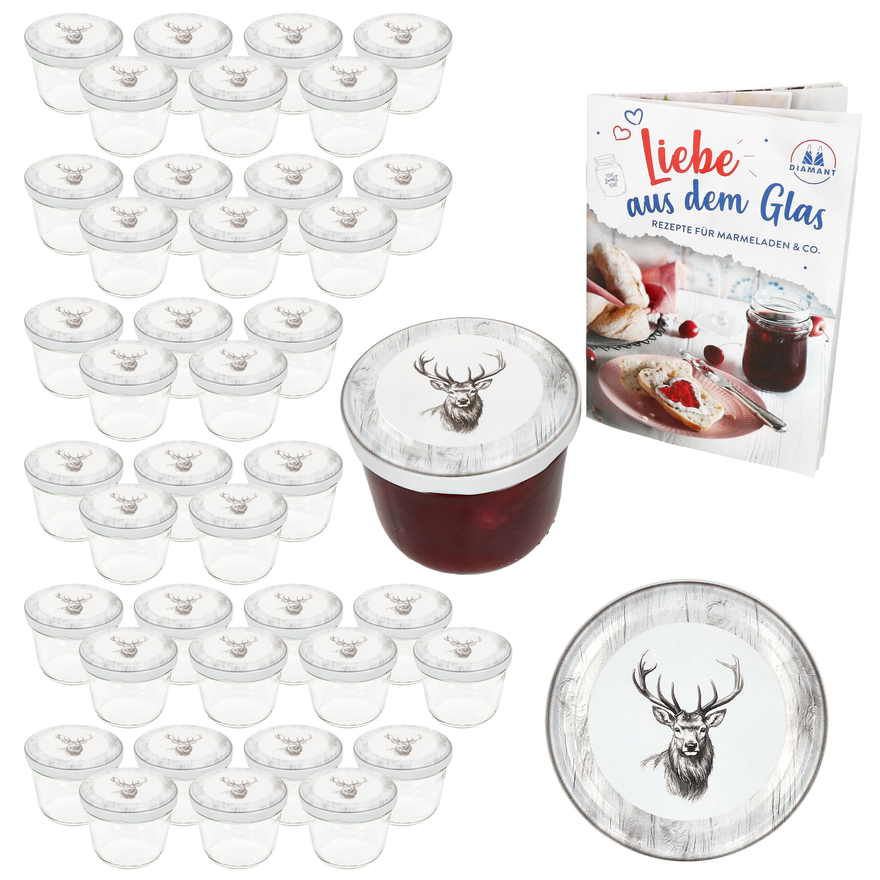 E-shop 40er Set Sturzglas 230 ml mit Hirsch Deckel To 82 . Rezeptheft