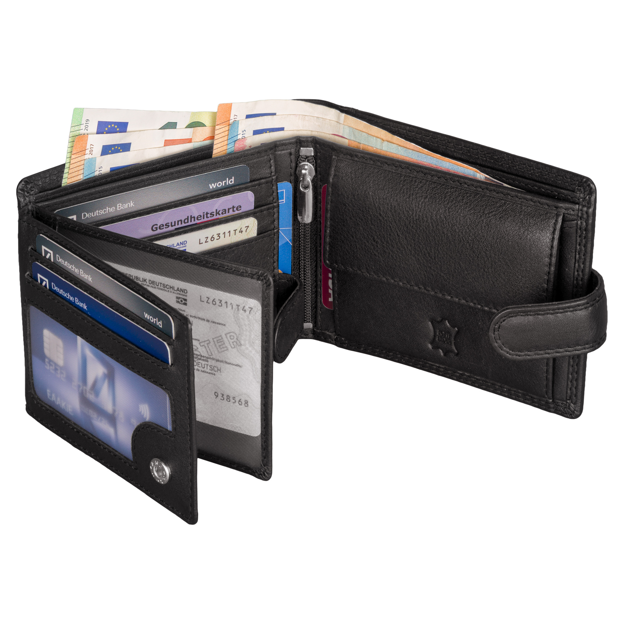 E-shop Leder Geldbörse Herren Portemonnaie RFID Querformat Geldbeutel Echtleder 8 Kartenfächer Schwarz Maße : 10 x 12,5 x 2 cm (H x B x T)