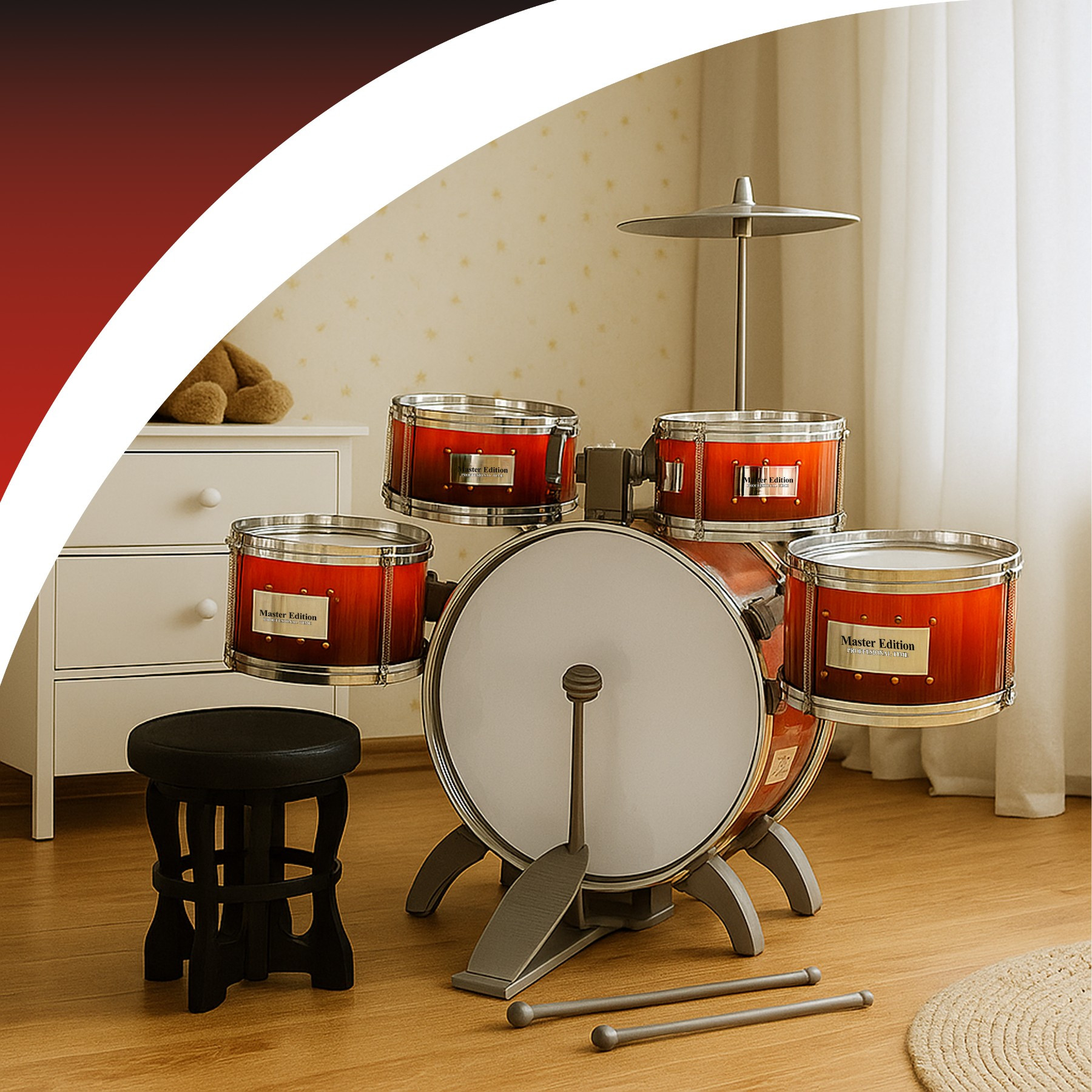 Kids Drum Set - Drum With Cymbal, Pedal And Sticks, Red/white/silvery, Including Stool