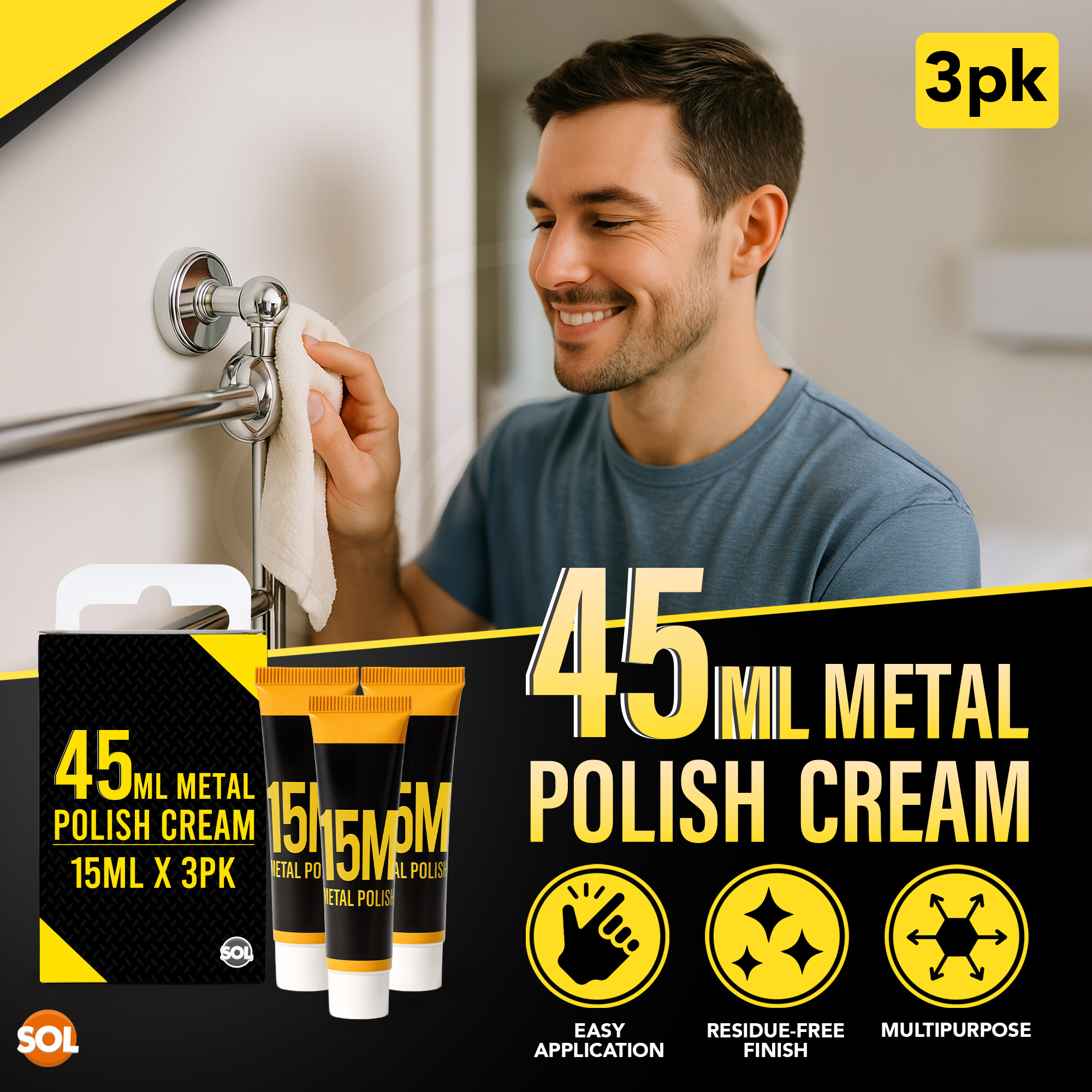 SOL 3 Pack Metal Polish Cream, 45ml | Multi-Surface Metal Cleaner