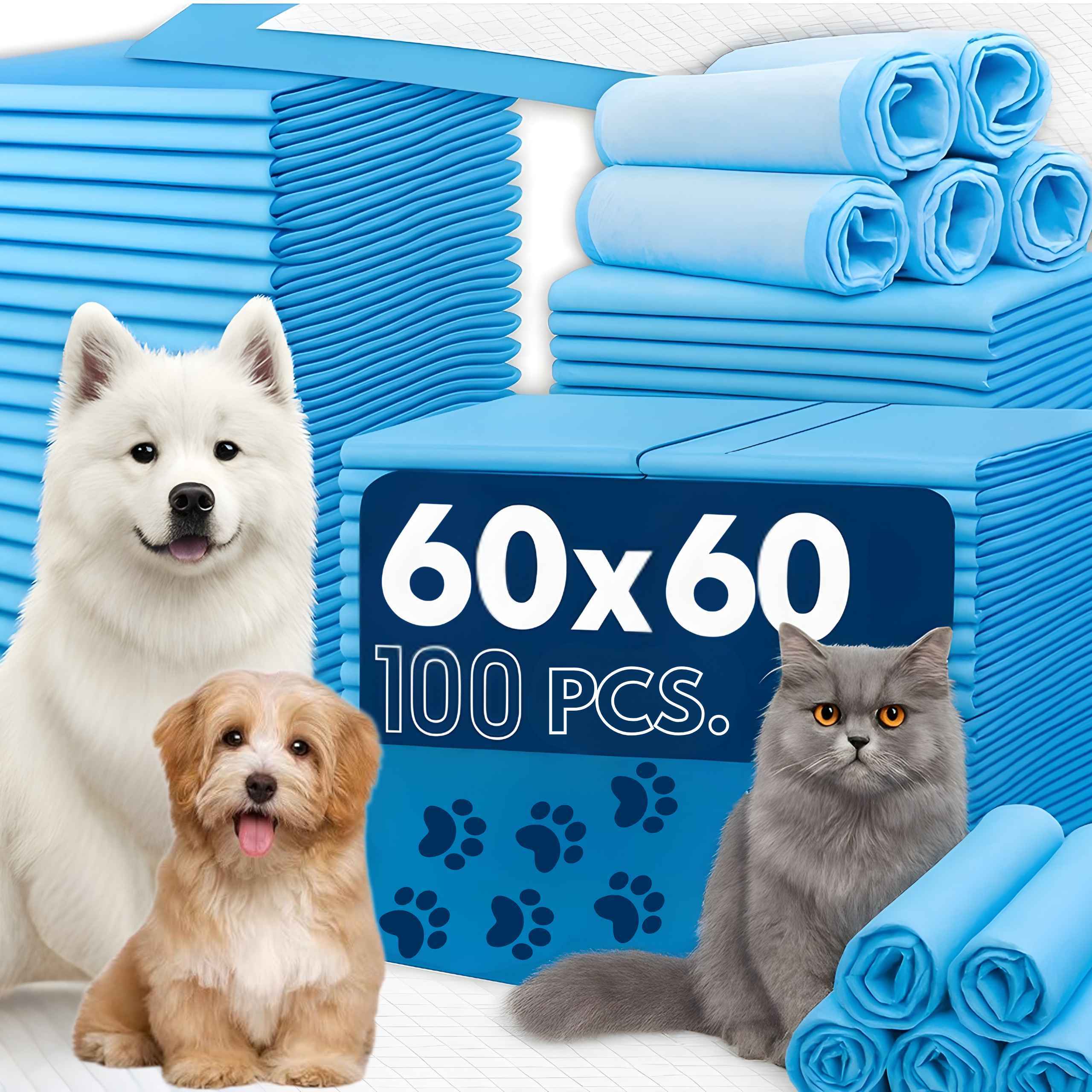 E-shop 100 Stück Hygienische Hundepads, Haustiermatten für Hunde und Katzen, Super Saugfähig, 60x60 Größe, für Transportboxen, Babywechsel, Senioren-