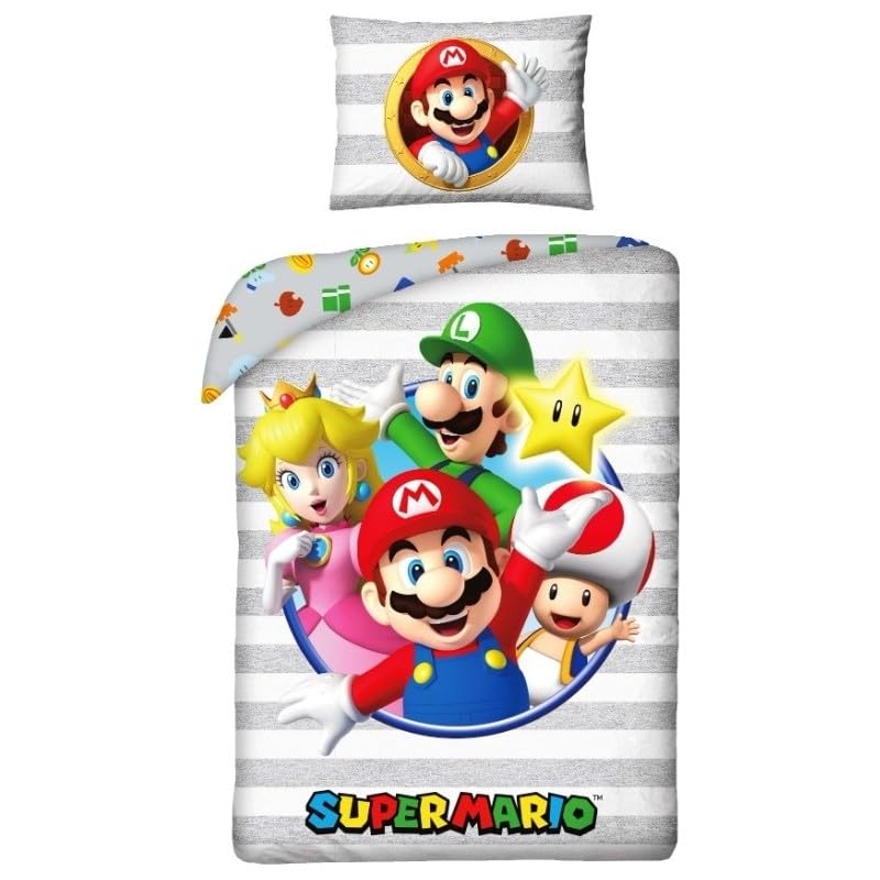 TEMU Parure de Lit Mario en Microfibre - Housse de Couette Mario 140 x 200 cm + Taie d'oreiller 63 x 63 cm