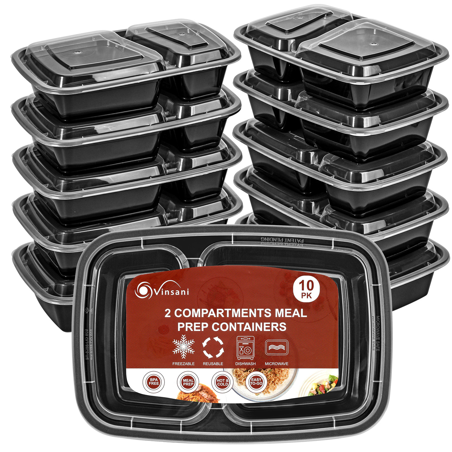 TEMU Vinsani 2 Compartment Meal Prep Containers – 10/ Pack 30oz Bpa-free Reusable Plastic Food Storage Trays With Lids, Stackable Bento Lunch Boxes –