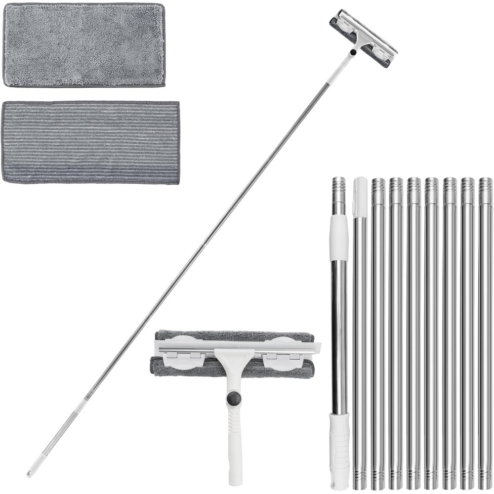 3-in-1 1.72m & 3.7m Window Cleaning Set With Rotating Telescopic Pole, 180° Swivel Squeegee For Indoor And Outdoor Use