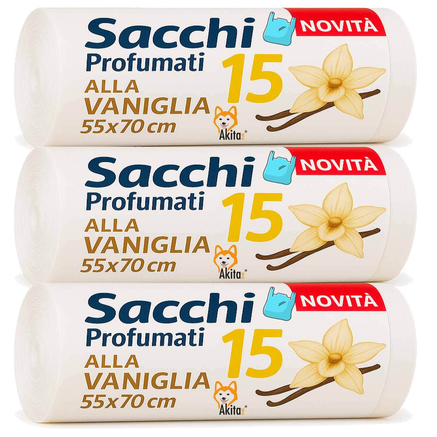TEMU Akitaink - Sacchi spazzatura con Manici - Profumati - 3 Rotoli 45 pz, Sacchi da 45L | Misure 55x70cm | Sacchetti per la Spazzatura di Qualit�