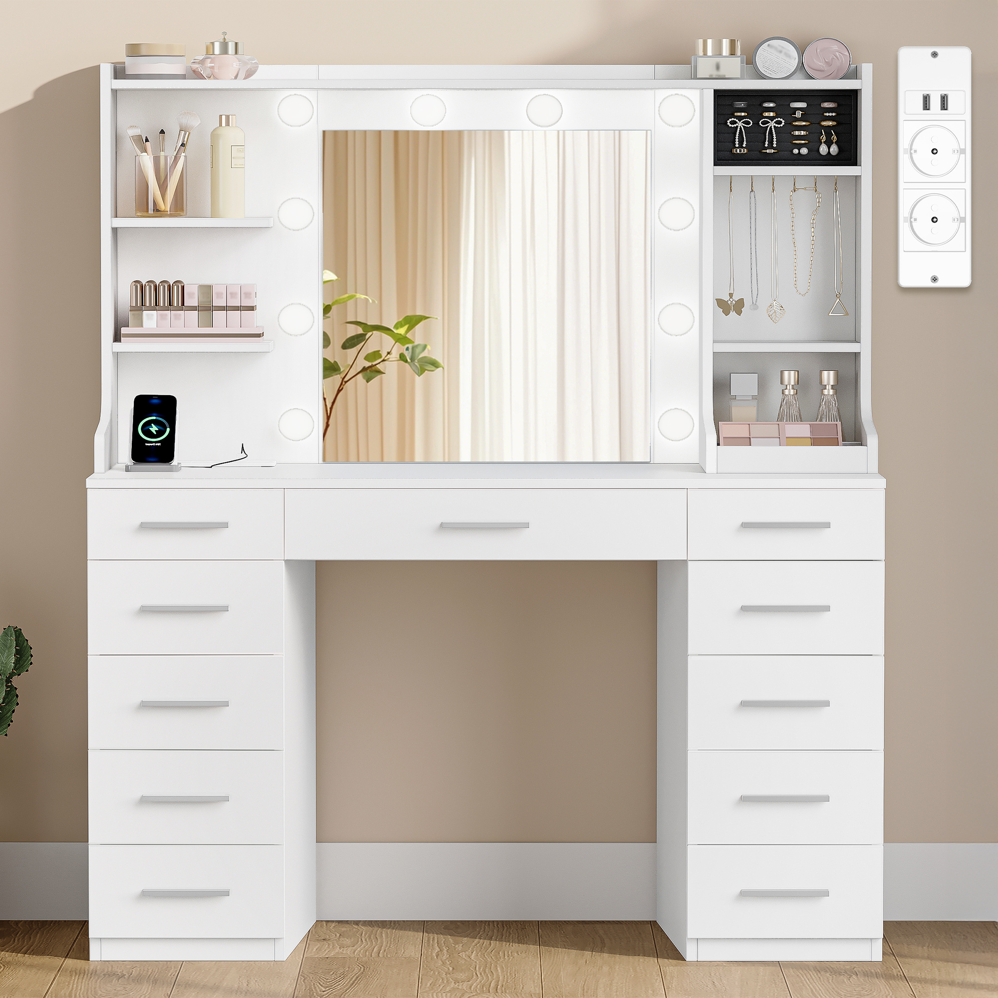 Image of Hzuaneri Large Vanity Table With Led Lighting, Makeup Table With Mirror, Dressing Table With Outlets, 11 Drawers And 6 Jewelry Hooks, Includes Ring Storage, Suitable For Bedroom, Living Room, White
