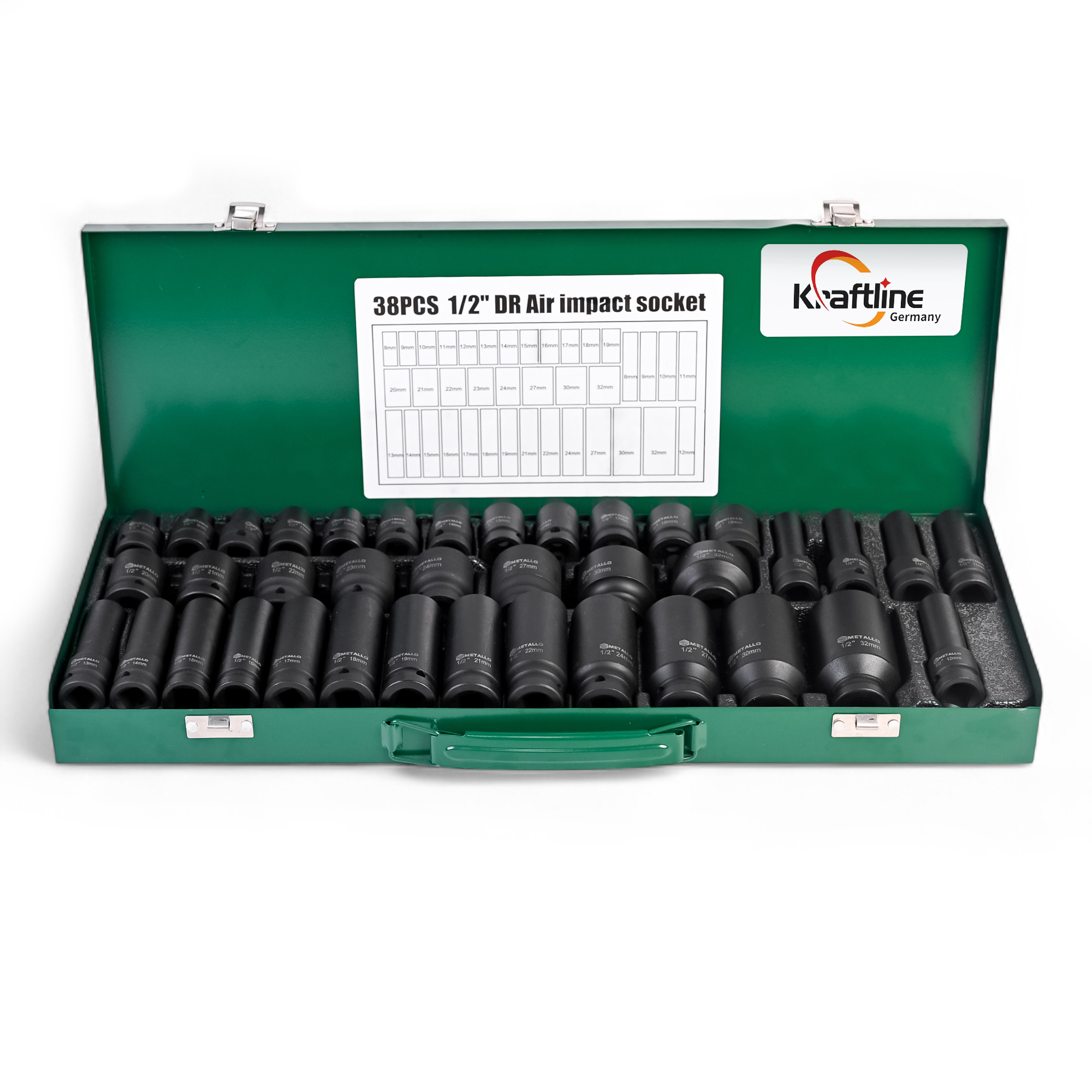 Kraftline® 38-piece Impact Wrench Nut Set 1/2 Inch (8-32mm) With Splitter, Deep And Socket Wrench Set For Car Repair And Workshop