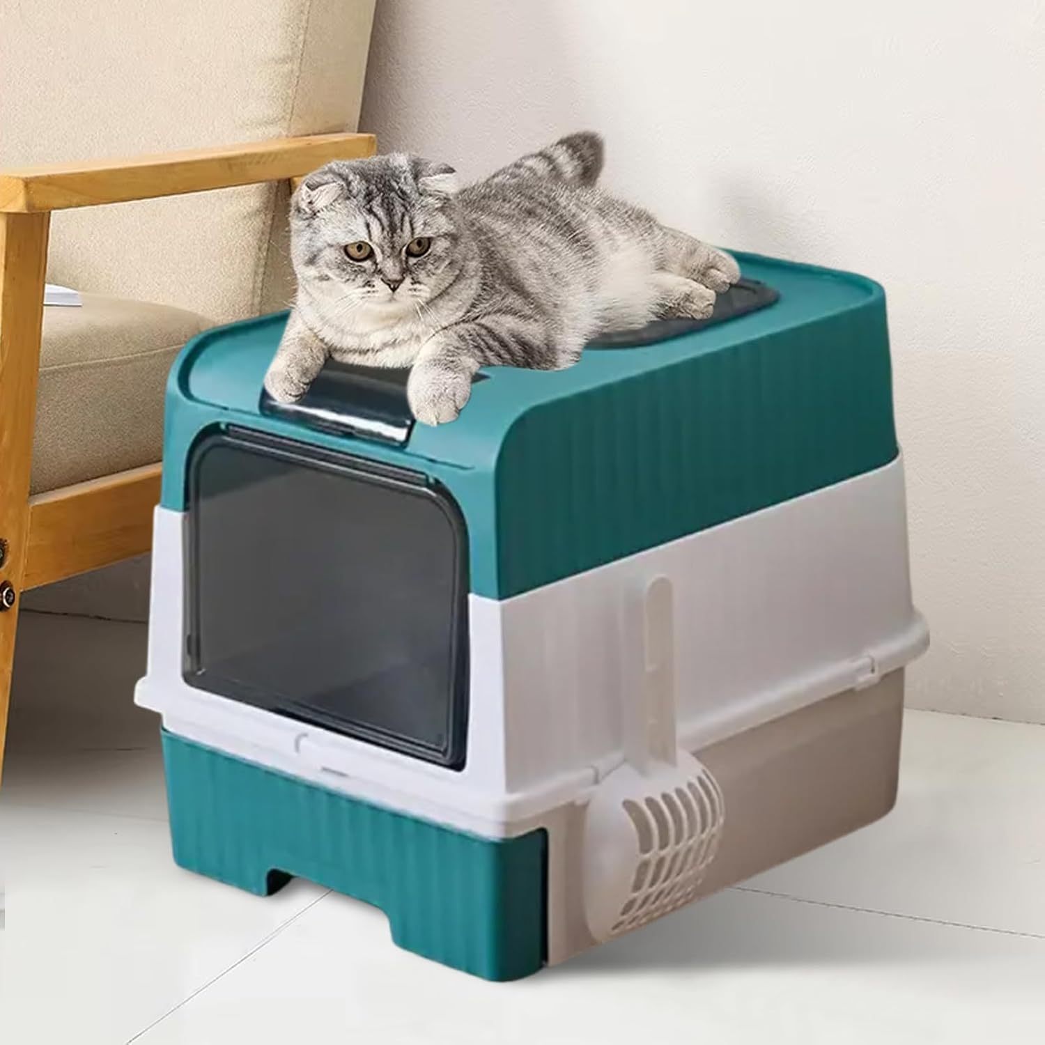 Caja de Arena para Gatos Espaciosa con Tapa Arenero - A Prueba de Fugas, Diseño Plegabl...