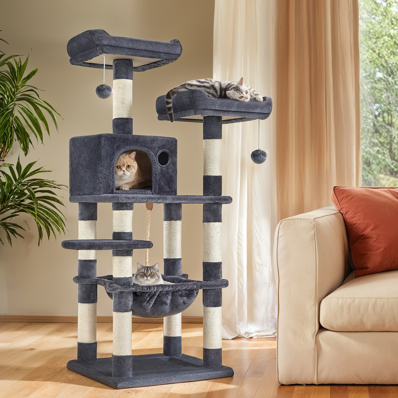 TEMU Arbre à Chat de 143,1 cm, Tissu Peluche, 11 Griffoirs, 2 Pompons, 2 Plateformes, 1 Hamac, 1