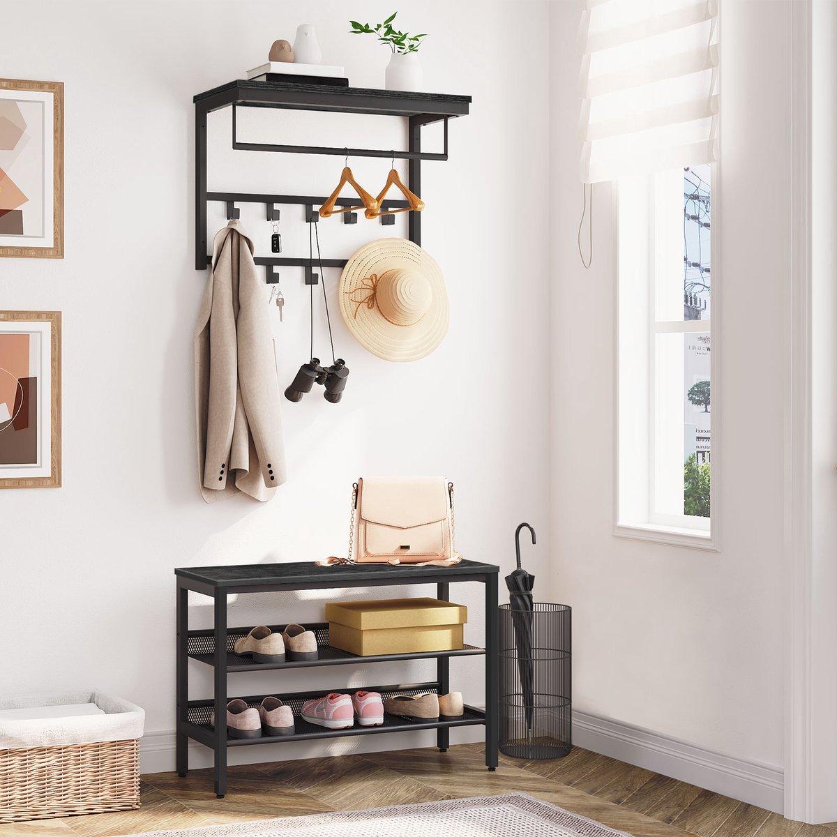 Image of Coat Rack With Shelf, Black – Hall Coat Rack With Hooks – Wall-mounted Entryway Coat Rack – In.homexl - - 60x30x42 Cm