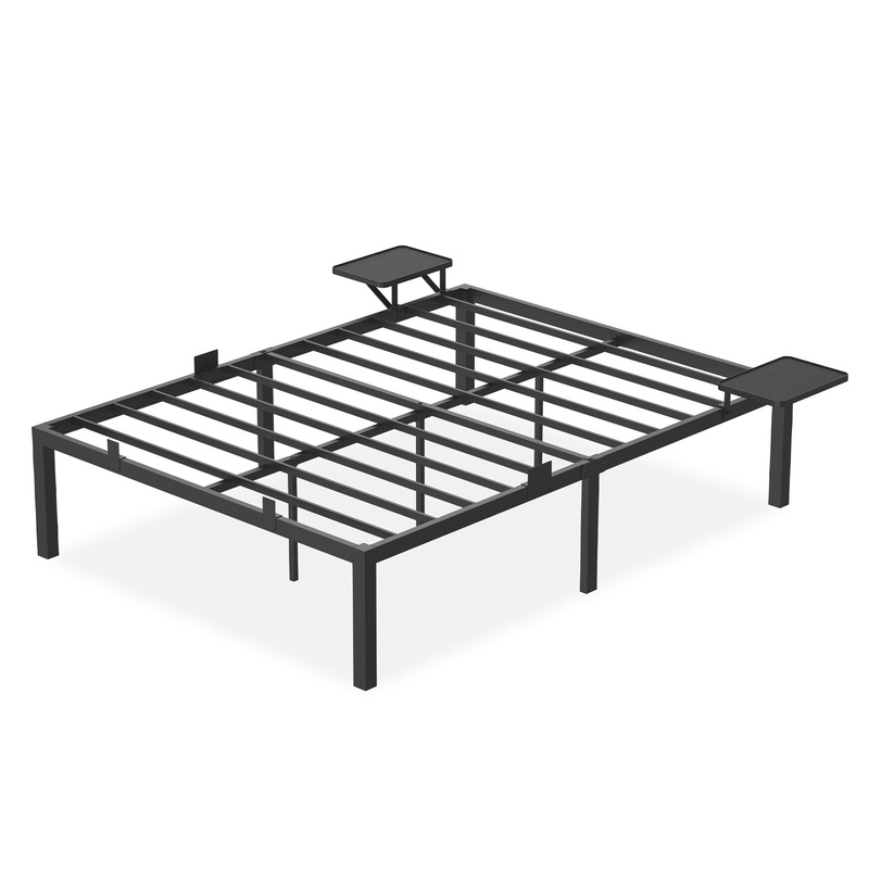TEMU Lit Double, Cadre en Métal avec Étagères de Rangement, Tête de Lit, pour Adolescents, Adapté pour Matelas 140 x 200 cm, Montage Facile, Noir