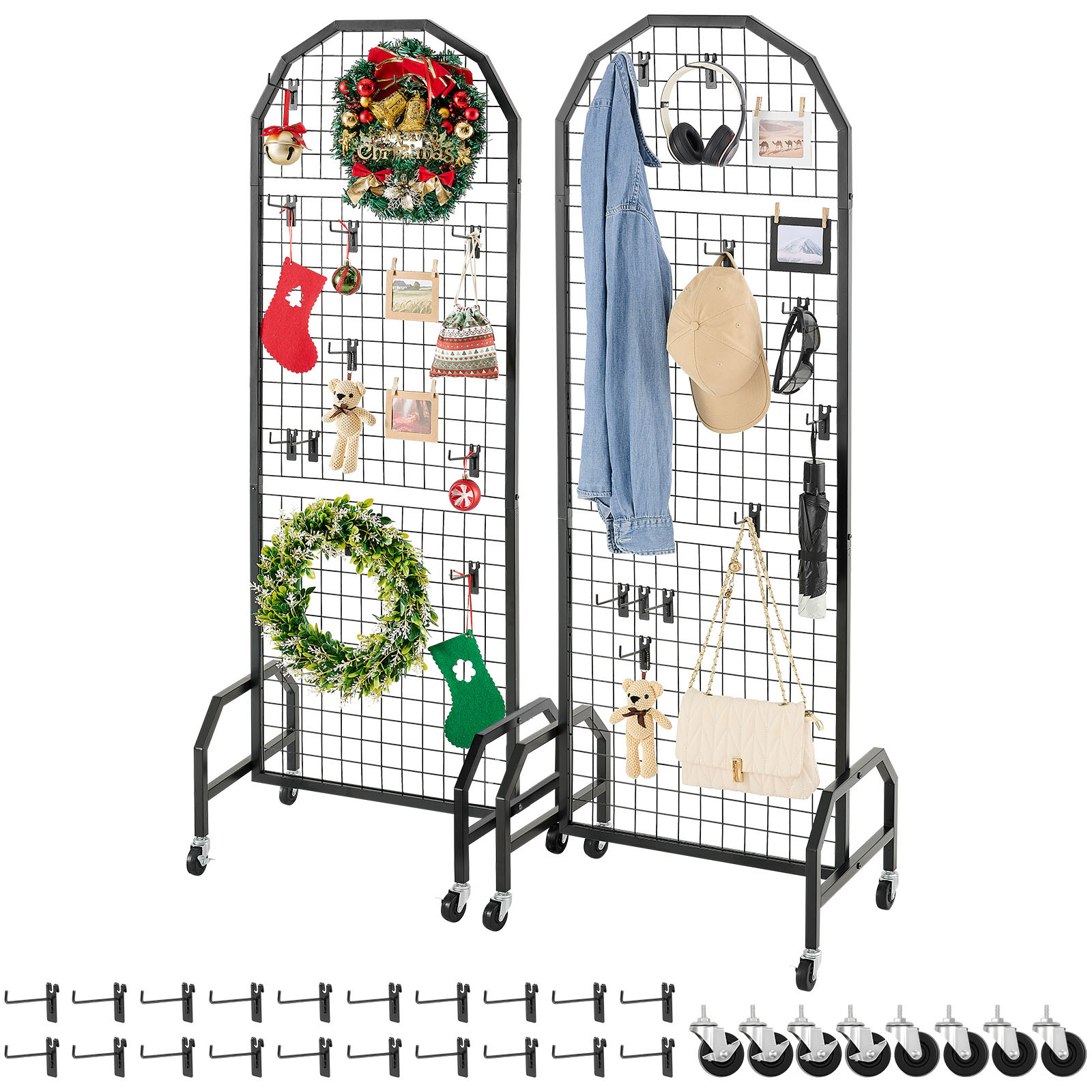 Image of Vevor 2 Packs Grid Wall Panels, 600 X 1640mm Wire Grid Panels Display Rack, Movable Art Display Shelf With Wheels And 20 Hooks, Steel For Craft Show, Decor, Storage, Notice Board