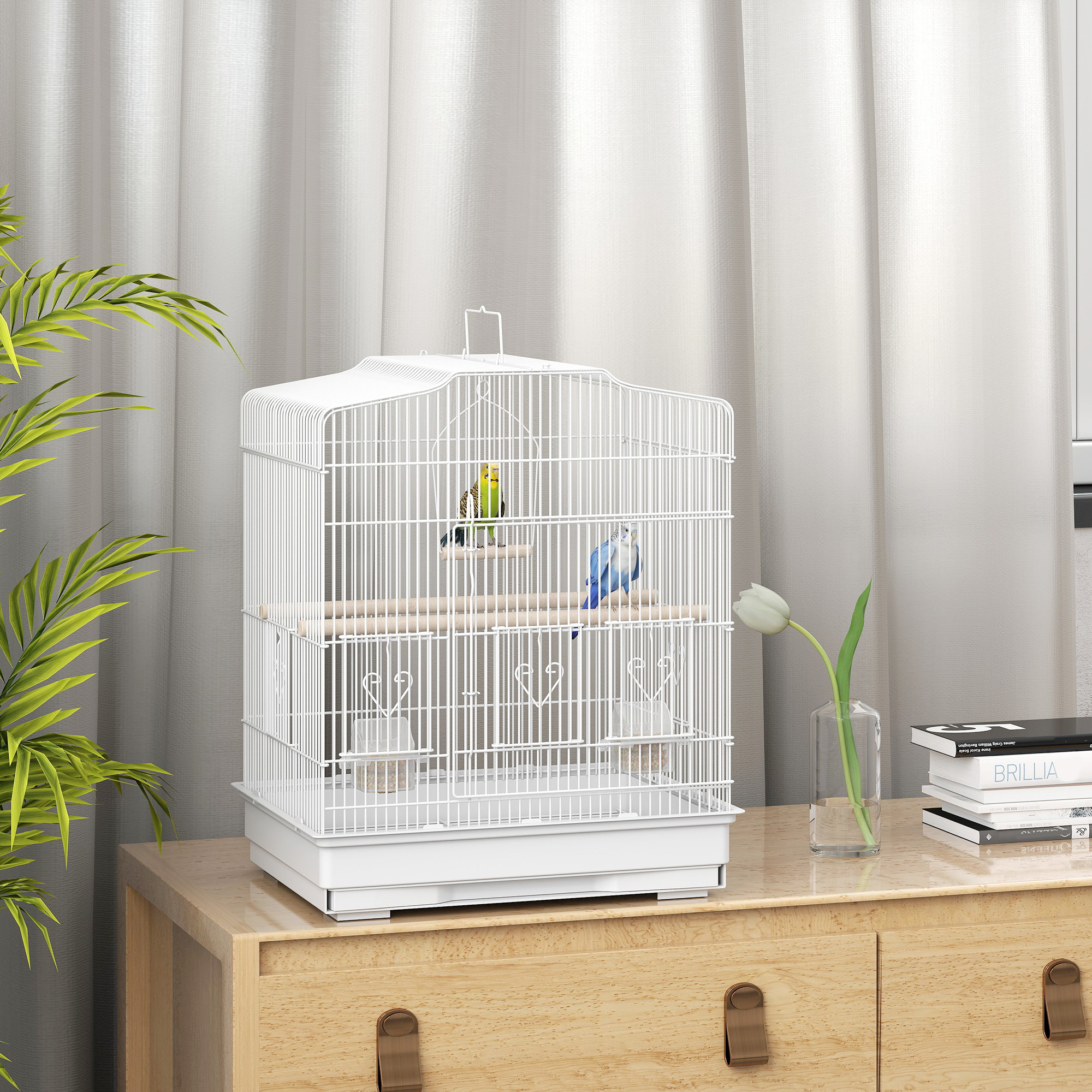 Birdcage Birdhouse Aviary Parakeet Bird Mansion With Removable Floor Tray White 46.5 X 36 X 59 Cm