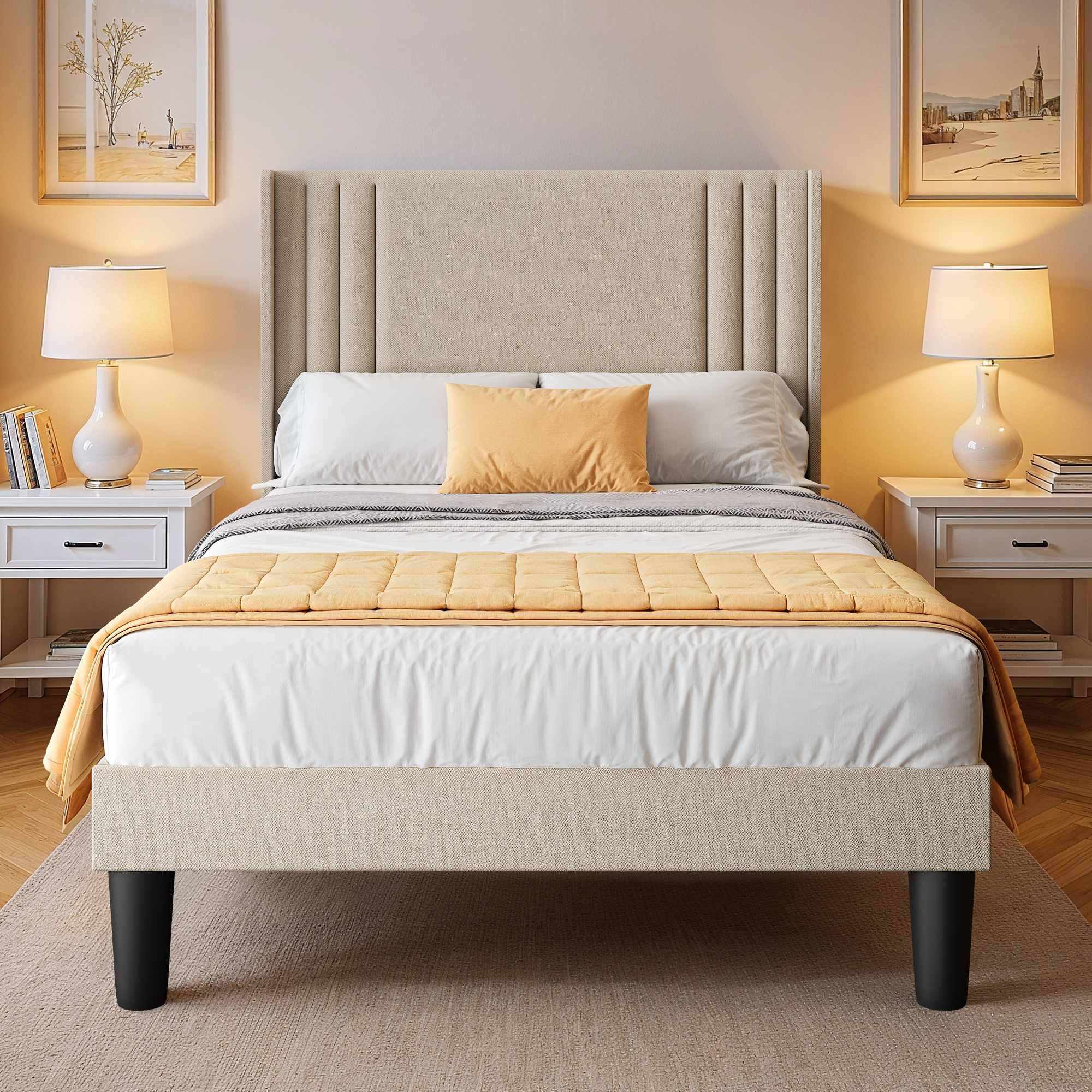 Image of Bed Frame Bf45 – 120 X 200 Cm – With Upholstered Headboard – Dark Gray/beige