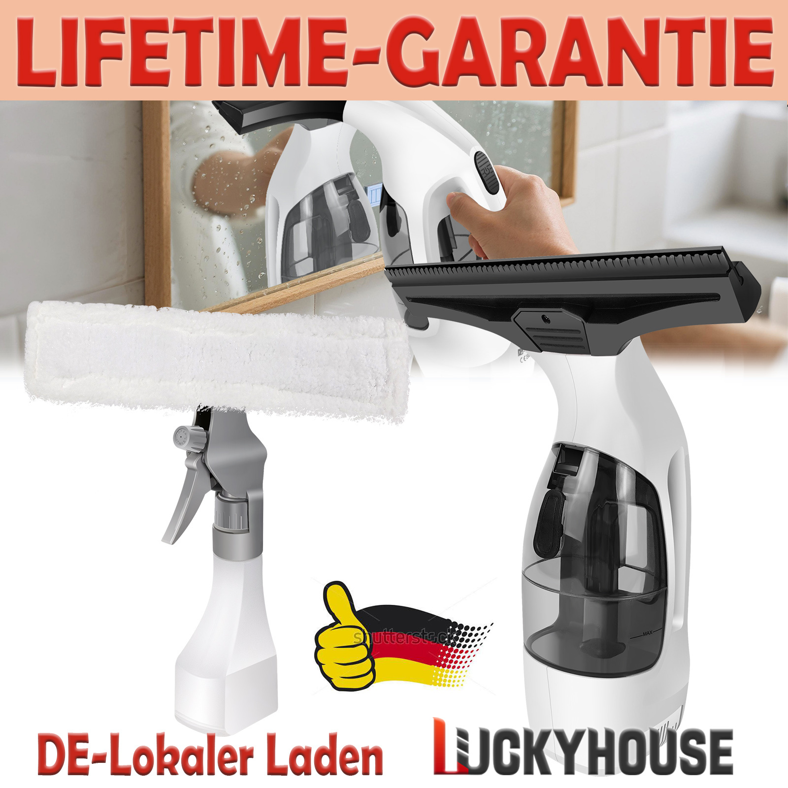 E-shop Kabelloser Fensterreiniger 10Kpa mit 280mm Wischdüse & 150ml Sprühflasche | Inkl. Mikrofasertuch | 50 Min. Laufzeit | Schnellladefunktion |