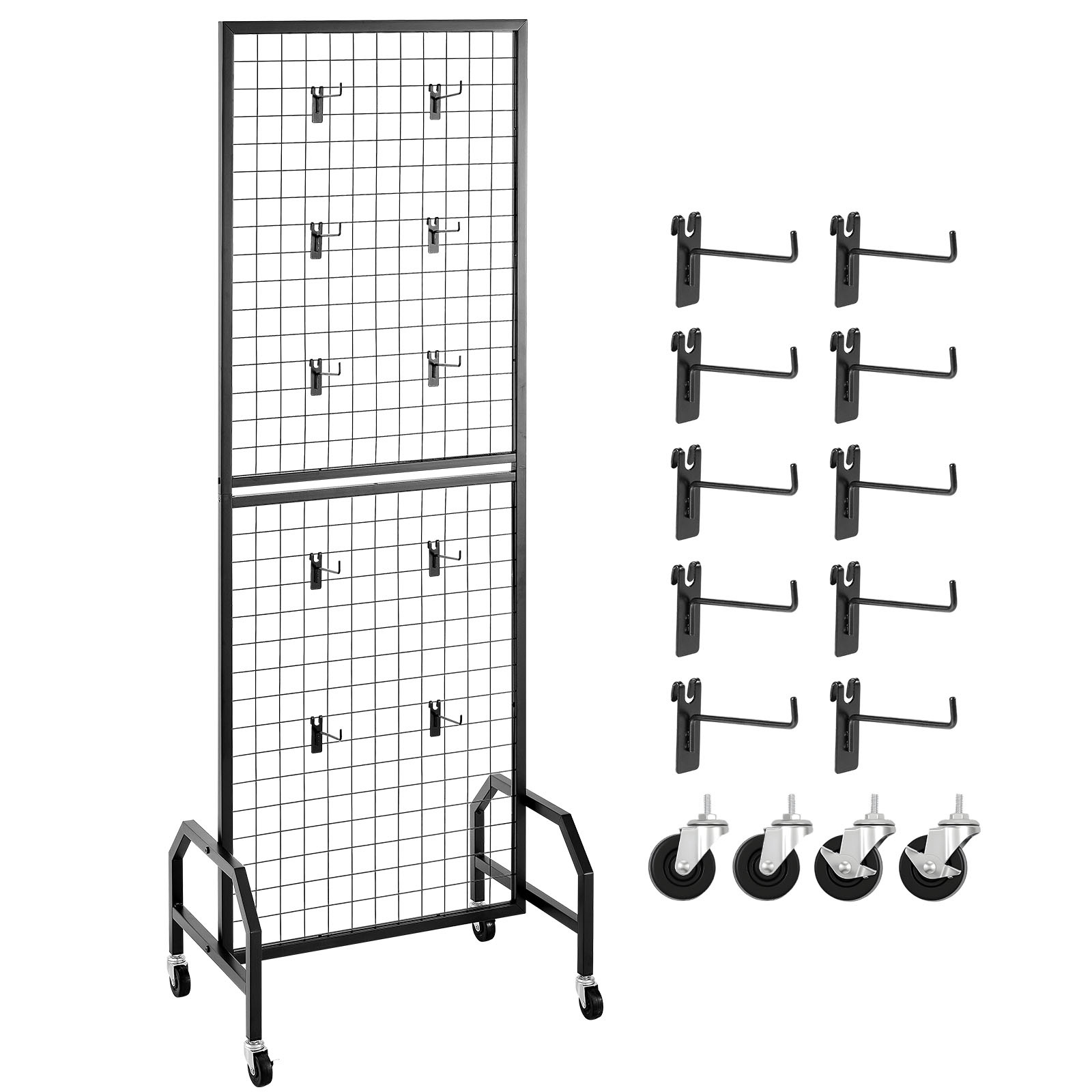 Image of Vevor Grid Wall Panel, 600 X 1640 Mm Wire Grid Panels Display Rack, Movable Art Display Shelf With Wheels And 10 Hooks, Steel For Craft Show, Decoration, Storage, Notice Board