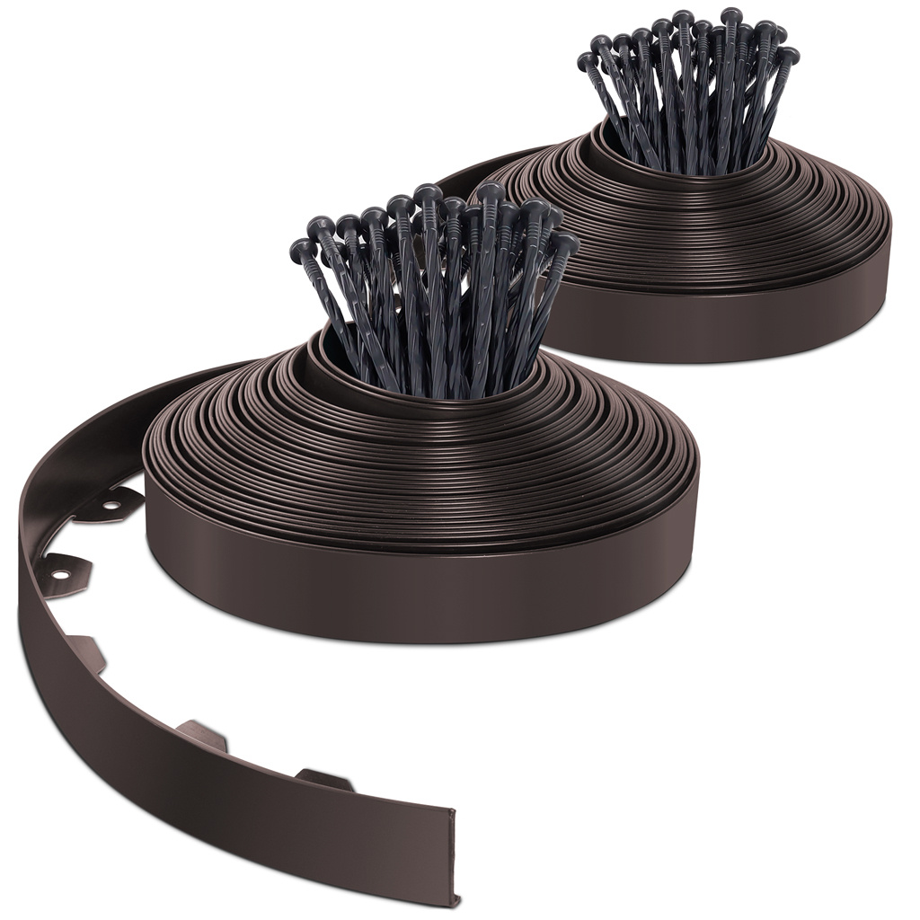 Image of Vounot 2 Rolls Of 20m Pvc Garden Edging, 5cm Height, With 80 Stakes, Modern Aesthetic And Cuttable For Outdoor Landscaping, /black/brown/green