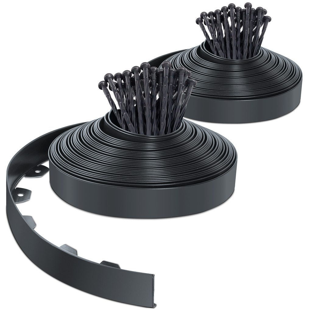 NIET 2 Rollen van 20M Tuinrand in PVC Hoogte 5Cm met 80 Pinnen Moderne Esthetiek en Knipbaar voor Buiten Arrangement Antraciet/Zwart//Groen