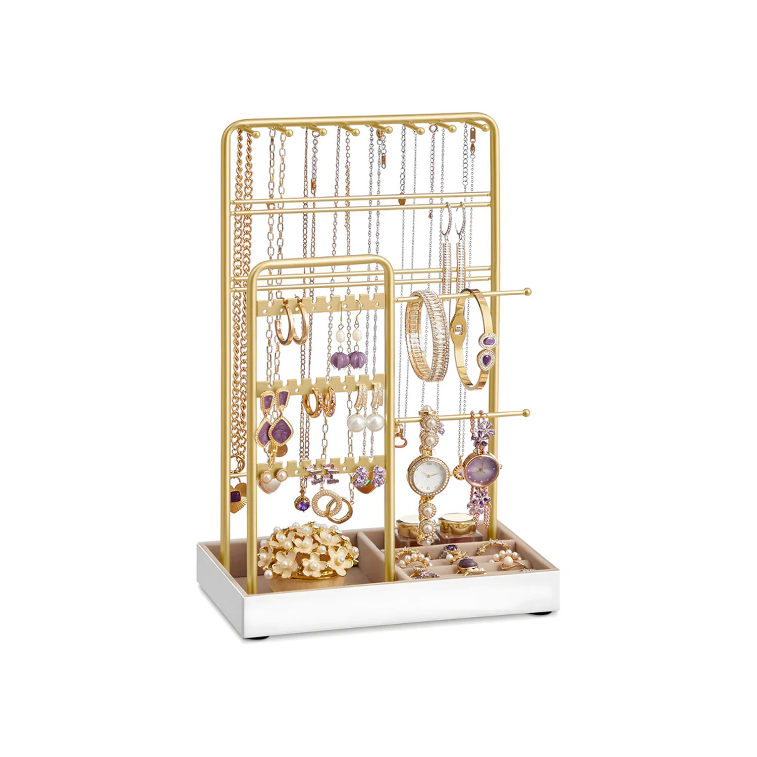 Golden Metal Jewelry Organizer – 16 Hooks, 48 Earring Slots, And Tray