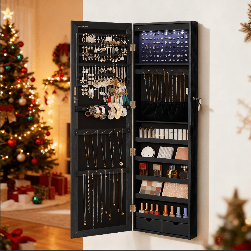 Wall-mounted Jewelry Cabinet With 6 Led Lights, Lockable Mirror Cabinet, Door-mounted, Hanging Design
