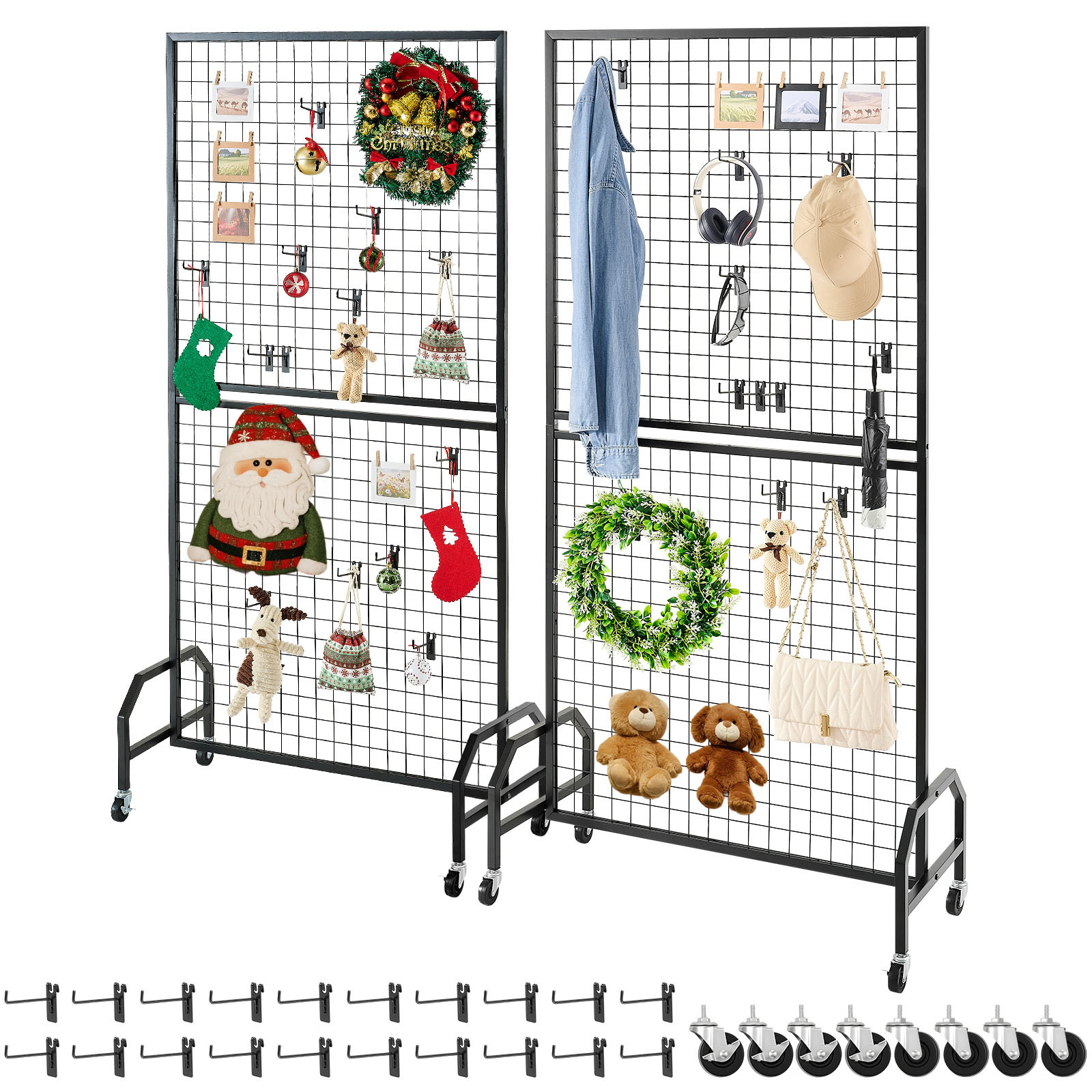 TEMU VEVOR Lot de 2 Panneaux Grillage Murale, 898 x 1798 mm Panneaux Grillage pour Présentoir, Étagère d' avec Roulettes & 10 Crochets, Grillage en