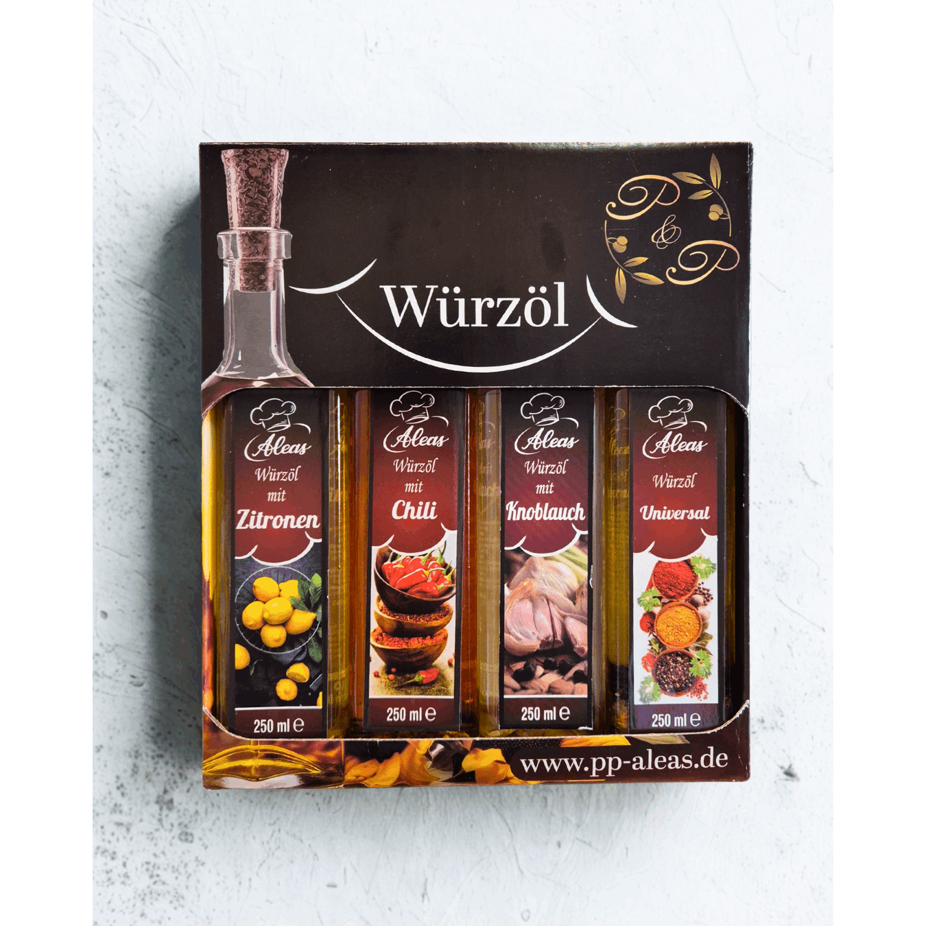 E-shop 4er-Set Sonnenblumenöl mit Gewürzen, Würzöl - Set, Würzöl mit Zitronen, mit Chili, mit Knoblauch, Universal 4x250ml Aleas