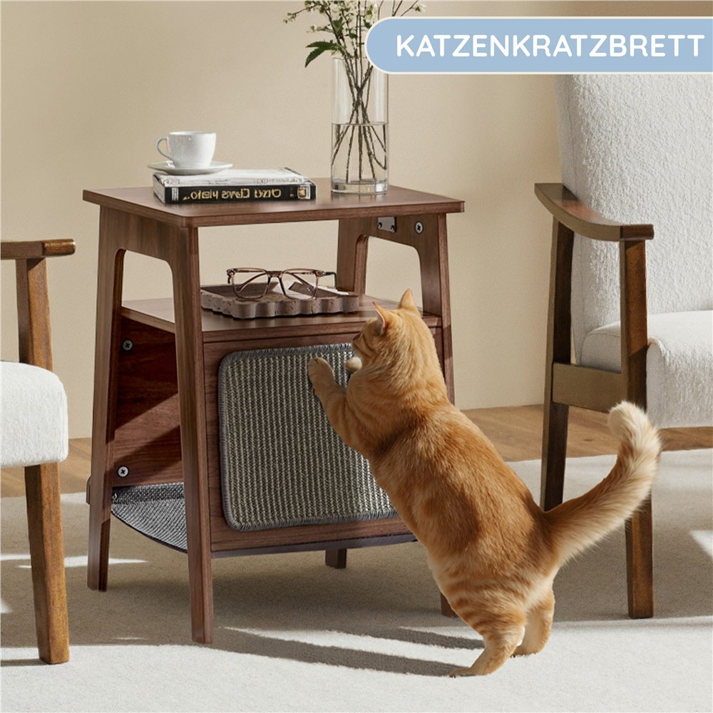 Image of Costoffs Multifunctional Side Table With Cat House, Scratching Board & Hammock – Versatile Walnut Furniture, Durable & Stylish For Living Room/bedroom, 45x36x60 Cm