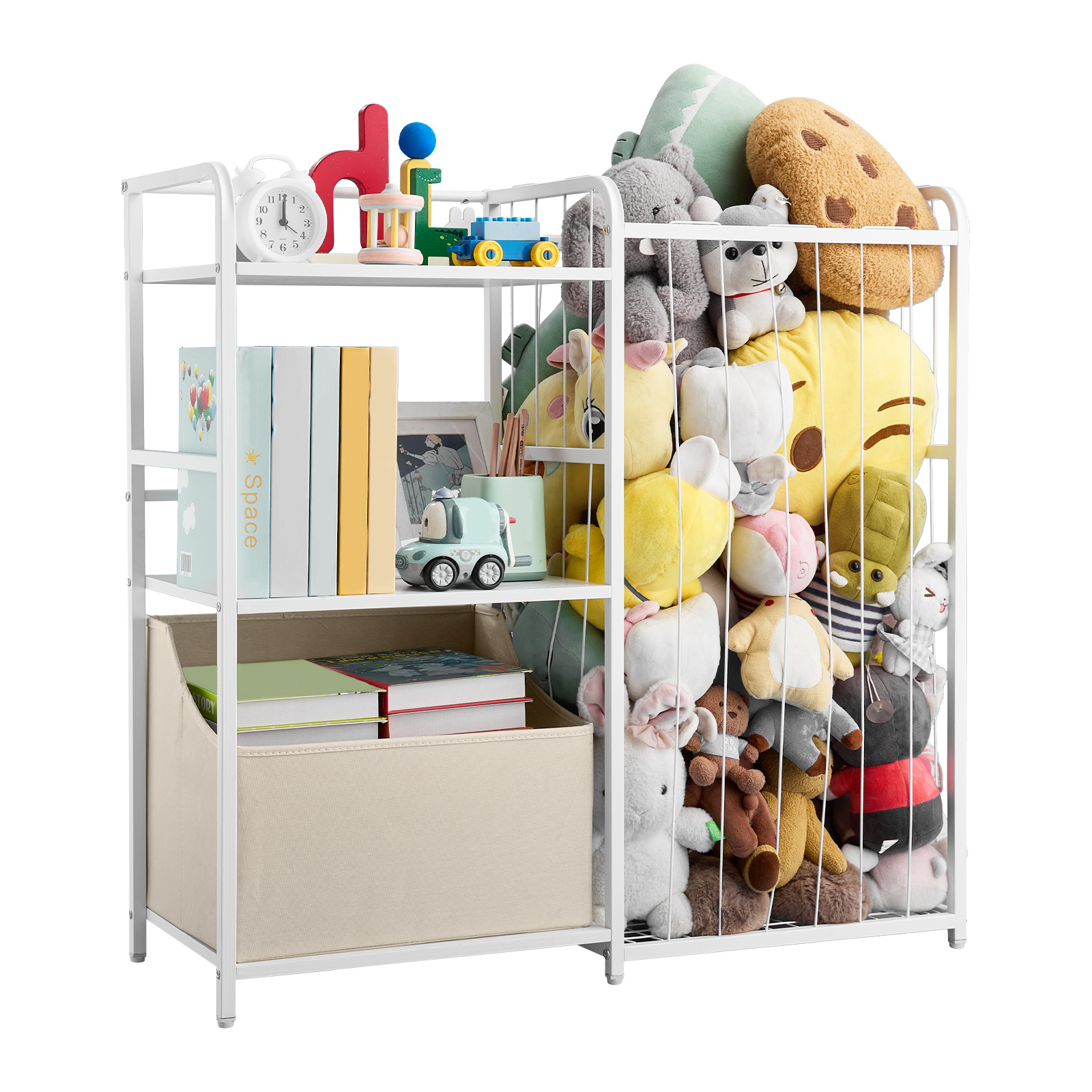 Image of Vevor Kids Bookshelf And Stuffed Animal Storage, Toy Storage Organizer, 2-tier Book Shelf With Fabric Toy Chest, Toy Storage For Kids Room, Living Room, Entryway, Nursury, Preschool, White