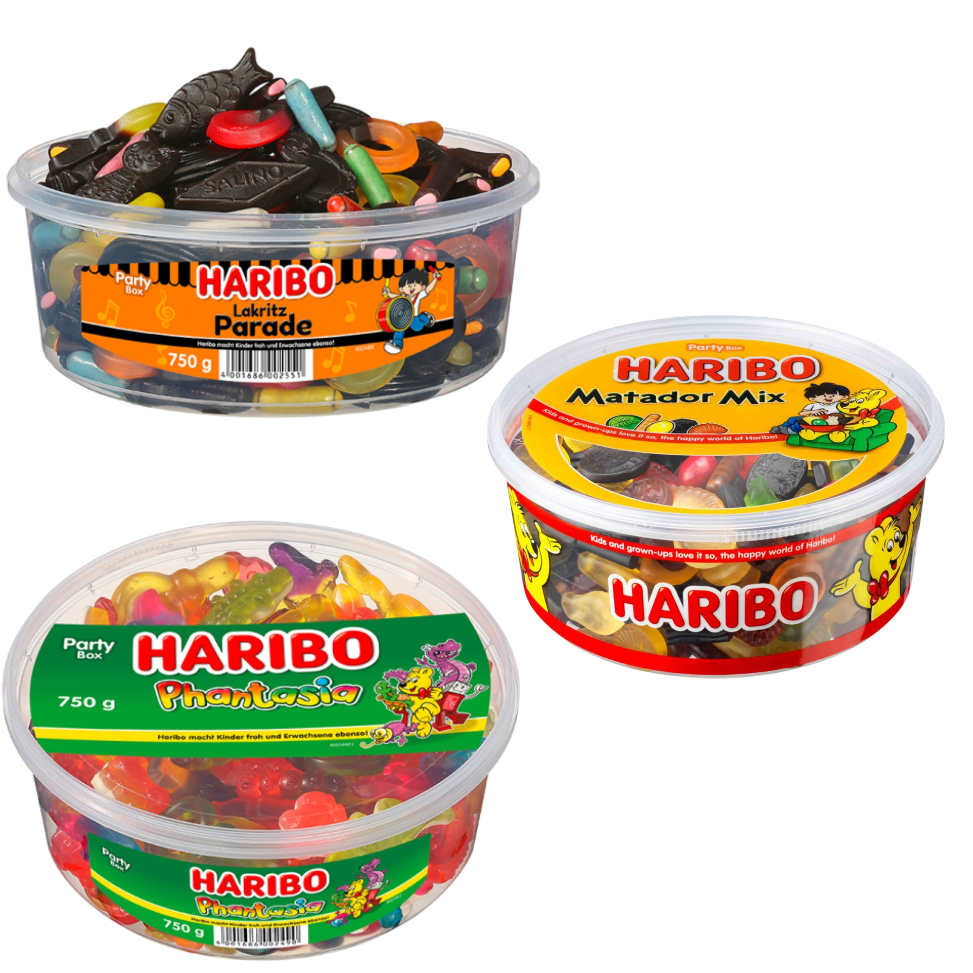 Image of Haribo Party Mix: 1x Lakritz Parade 750g, 1x Phantasia 750g & 1x Matador 1000g | Total 2500g – Perfect For Parties, Offices & Kids' Birthdays