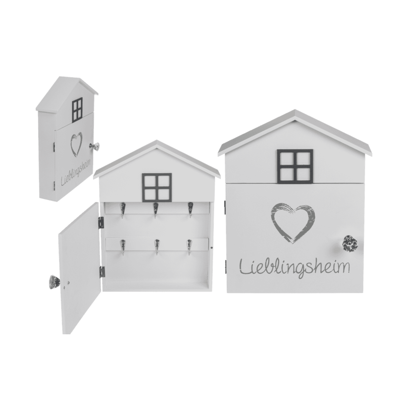 E-shop Schlüsselkasten Holz Weiß – Design, 24×29 cm Wandschlüsselbox in Hausform, Aufbewahrung für Schlüssel Schlüsselkasten Kasten für Schlüssel mit 6