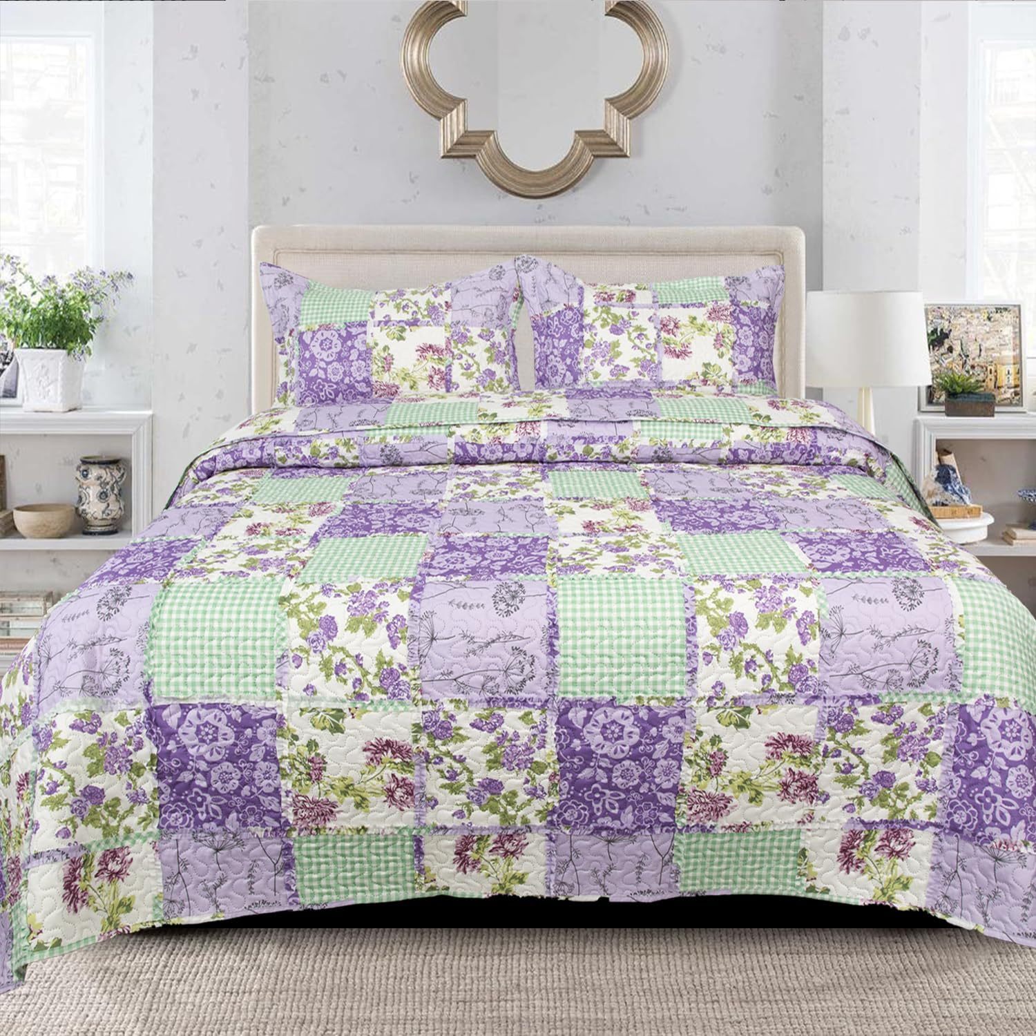 TEMU 3pcs Quilt Bedspread Set – Rose, Reversible Box Pattern With Soft Microfibre Cover & 100% Cotton Filling – Warm Bedroom Décor Throw With