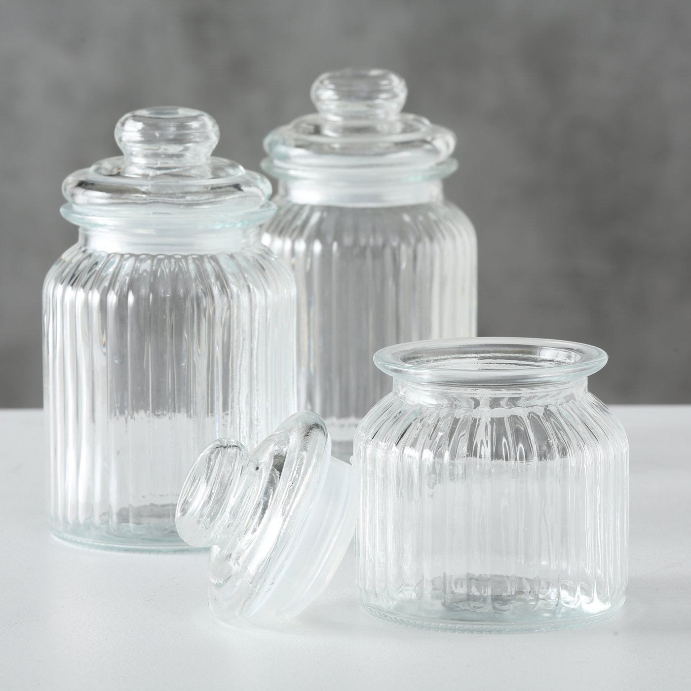 E-shop 3er Set Vorratsgläser Glas – 15/19/23 cm, transparente Aufbewahrungsgläser mit Deckel, rundes Klarglas für Küche & Haushalt Vorratsglas Glas