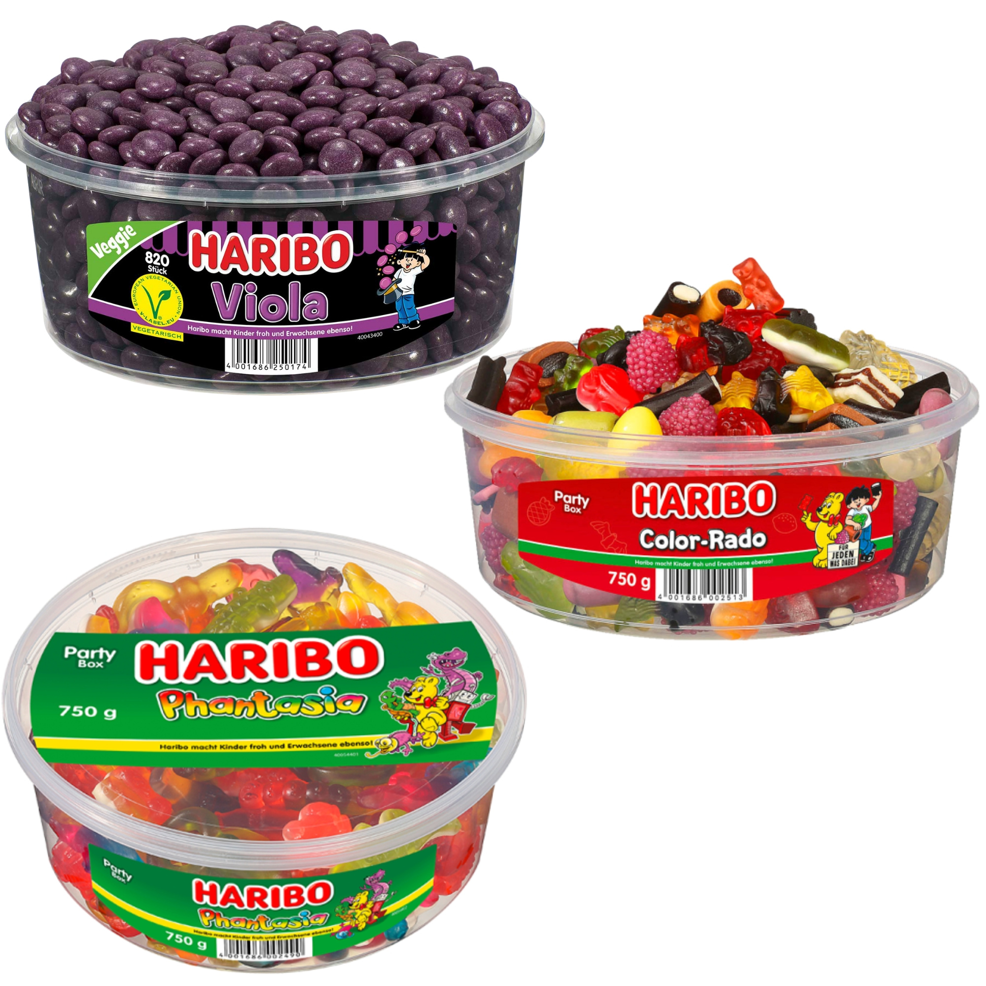 Image of Haribo Party Mix: 1x Viola 1150g, 1x Phantasia 750g & 1x Colorado 750g | Total Weight 2650g | Perfect For Parties, Offices & Kids' Birthdays