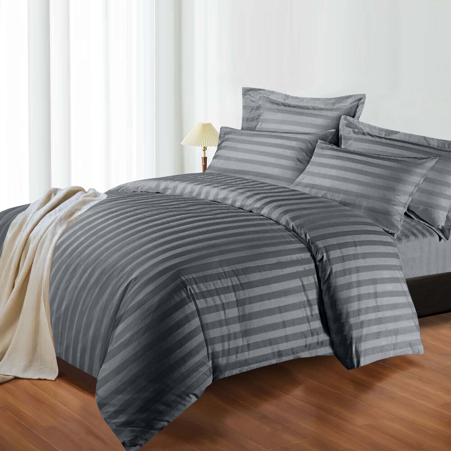 TEMU 4pcs Satin Striped Duvet Cover Set, Hotel & Breathable Bedding Set With Fitted Sheet, Duvet Cover & Pillowcases, Bedroom Decor, Single, Double,