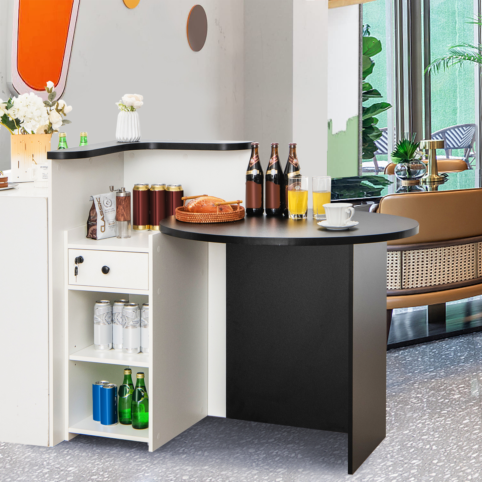 Reception Desk, Retail Counter Desk With Lockable Drawer, 3-level Adjustable Shelf & Oval Desktop, Front Counter, L-shaped Office Desk For Company, & Store