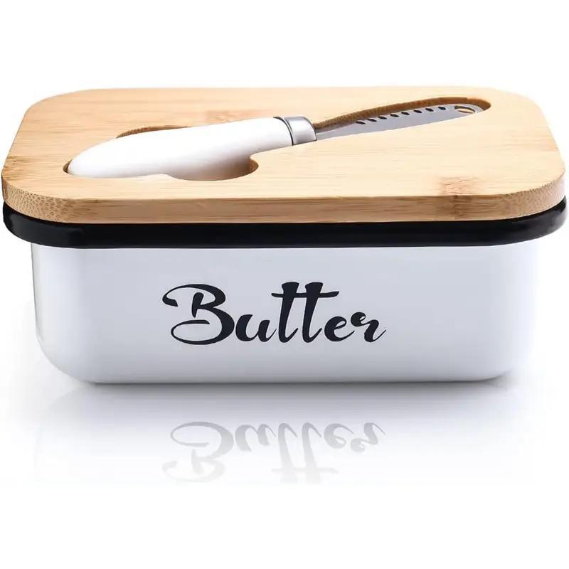 E-shop Butterdose mit Holzdeckel, Edelstahl für 250g Butter, Große Edelstahl Butterdose, für Haushalt und Küche (Weiß)