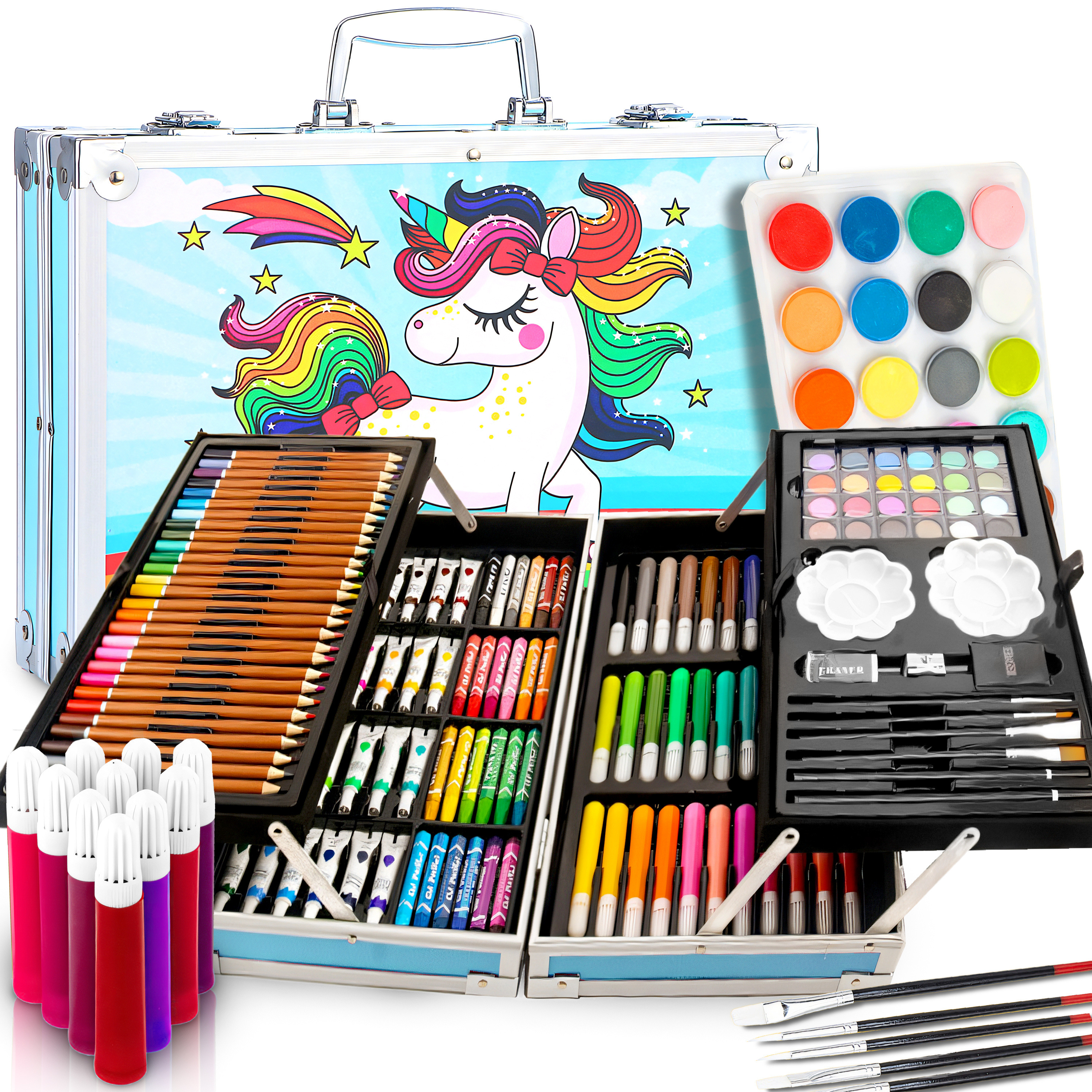 Image of Retoo Creative Kit, 145-piece Aluminum Case, Unicorn Design, Drawing And Painting Set With Colored Pencils, Markers, Watercolors, Pastels, And Accessories, Complete , Hobbies, Crafts, And