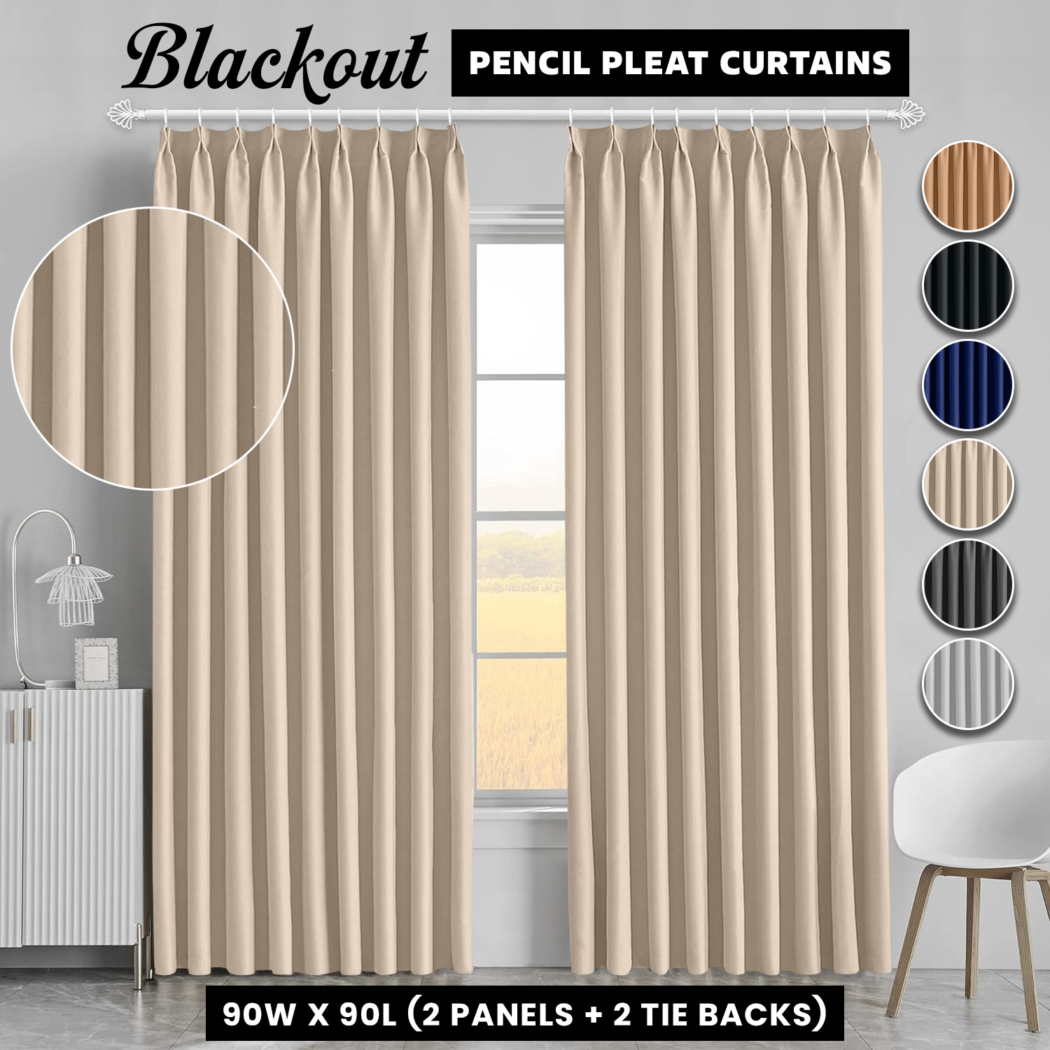 TEMU 2pcs Premium Blackout Pencil Curtains – Heavy Duty Thermal Insulated Window Drapes With Matching Ties, Noise Reducing, Energy Saving & Uv