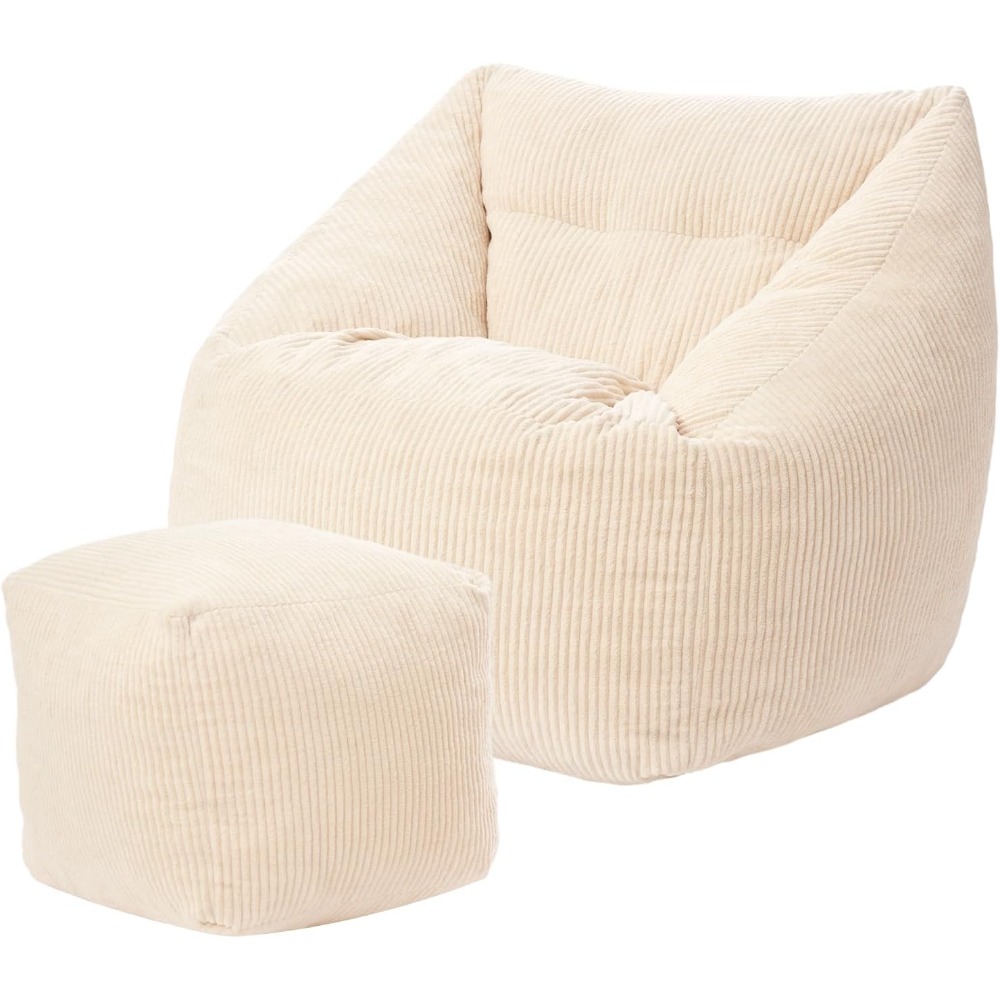 E-shop Weißer Cord-Sitzsack mit Fußstütze Liegesofa für Wohnzimmer und Lounge