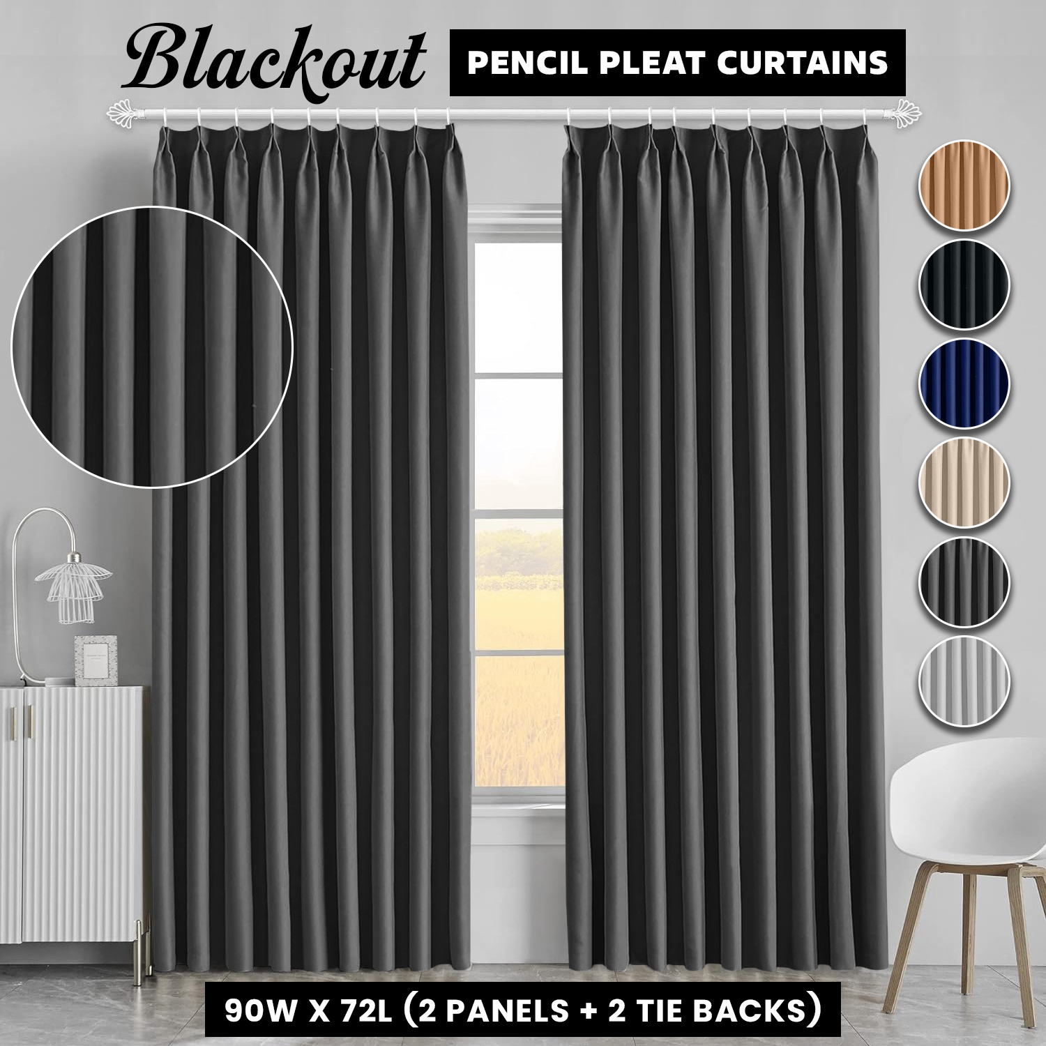 TEMU 2pcs Premium Blackout Pencil Curtains – Heavy Duty Thermal Insulated Window Drapes With Matching Ties, Noise Reducing, Energy Saving & Uv