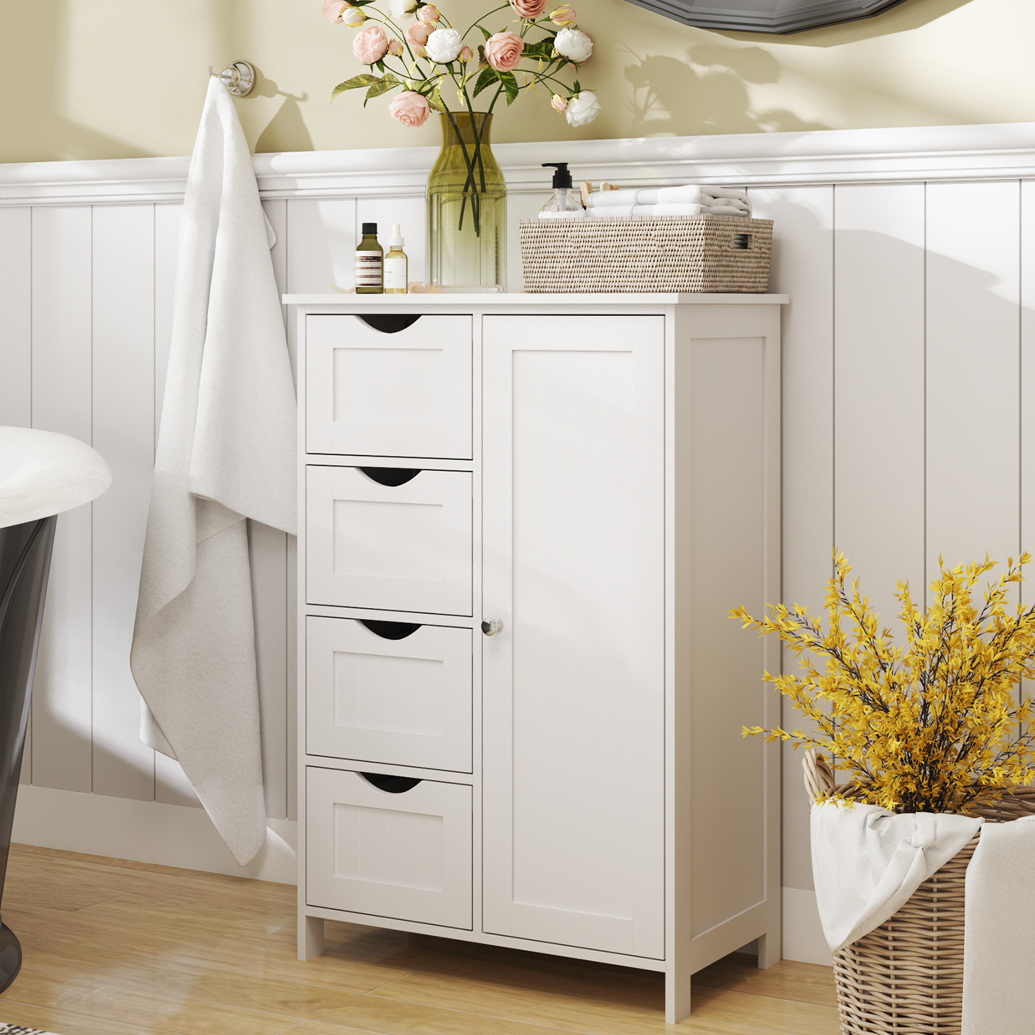E-shop Badezimmerschrank, schmaler Badschrank, Beistellschrank, Kommode, mit 4 Schubladen, Schranktür, verstellbare Ablage, 30 x 55 x 82 cm, weiß