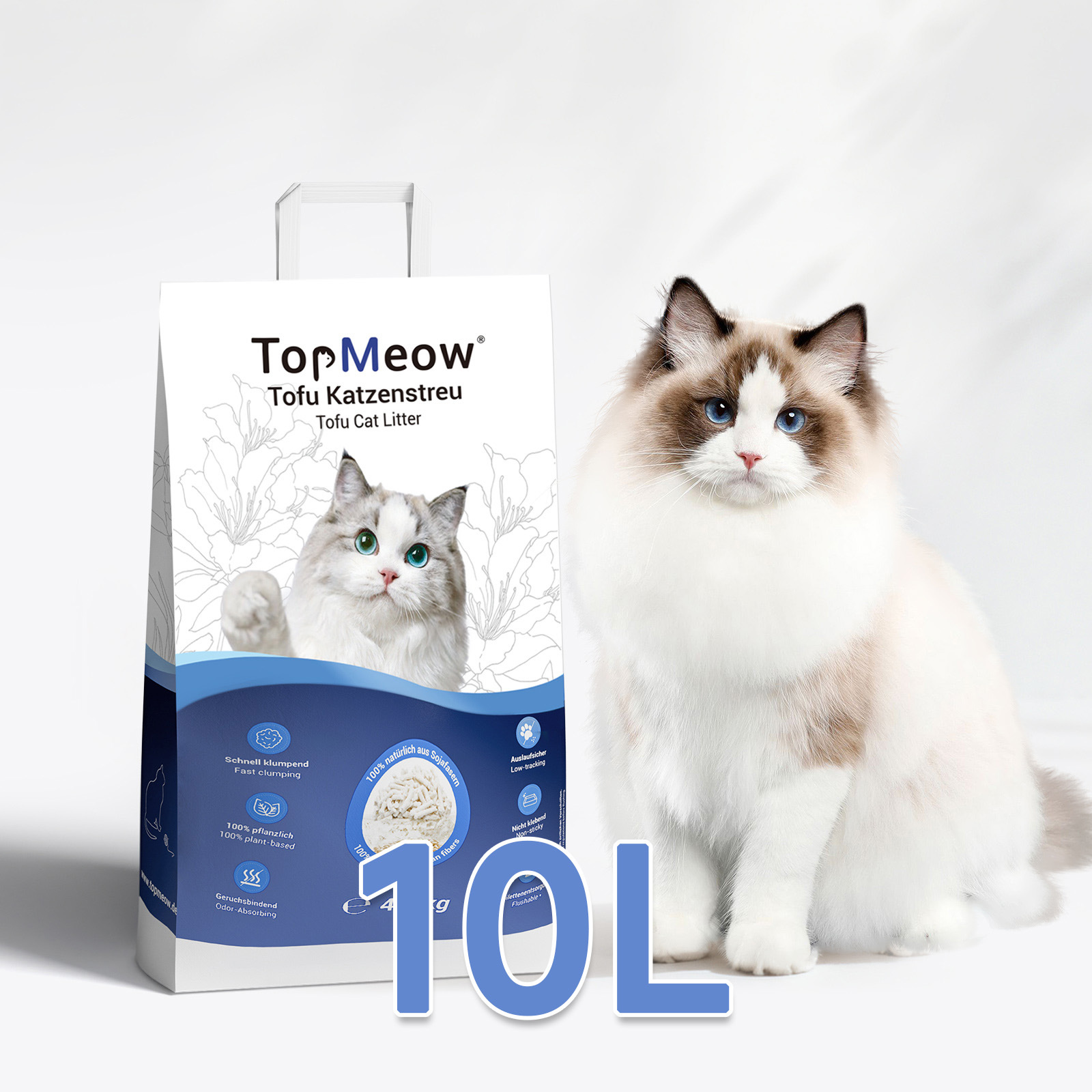 E-shop 10 L Tofu Katzenstreu klumpend, Staubarm & Geruchsbindend, Klumpstreu für Mehrkatzenhaushalte