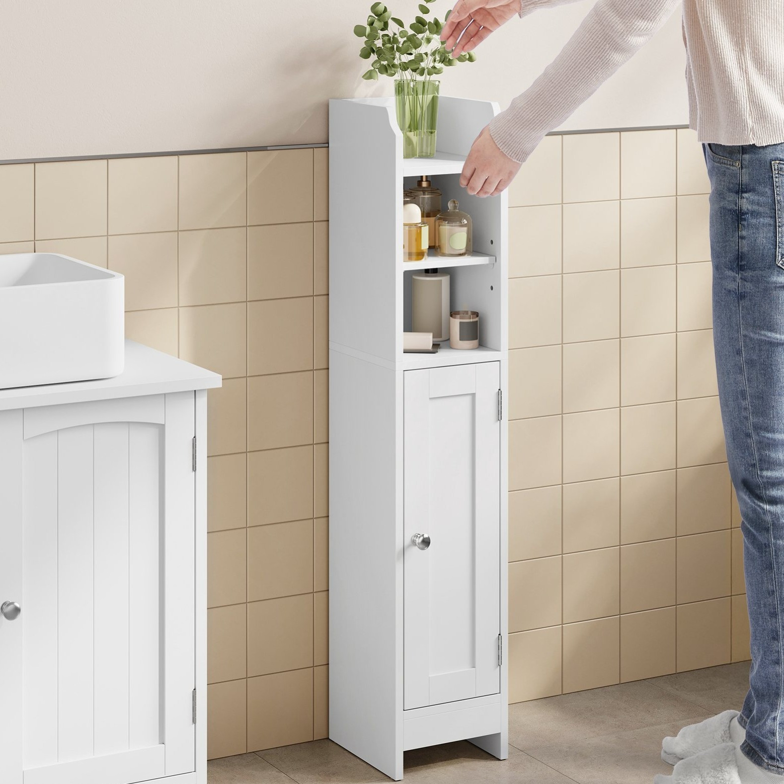 E-shop Badezimmerschrank klein, Badschrank schmal, stehend, mit Tür und Regal, Kleiner Schrank für Toilettenpapier, Toilettenschrank, verstellbare
