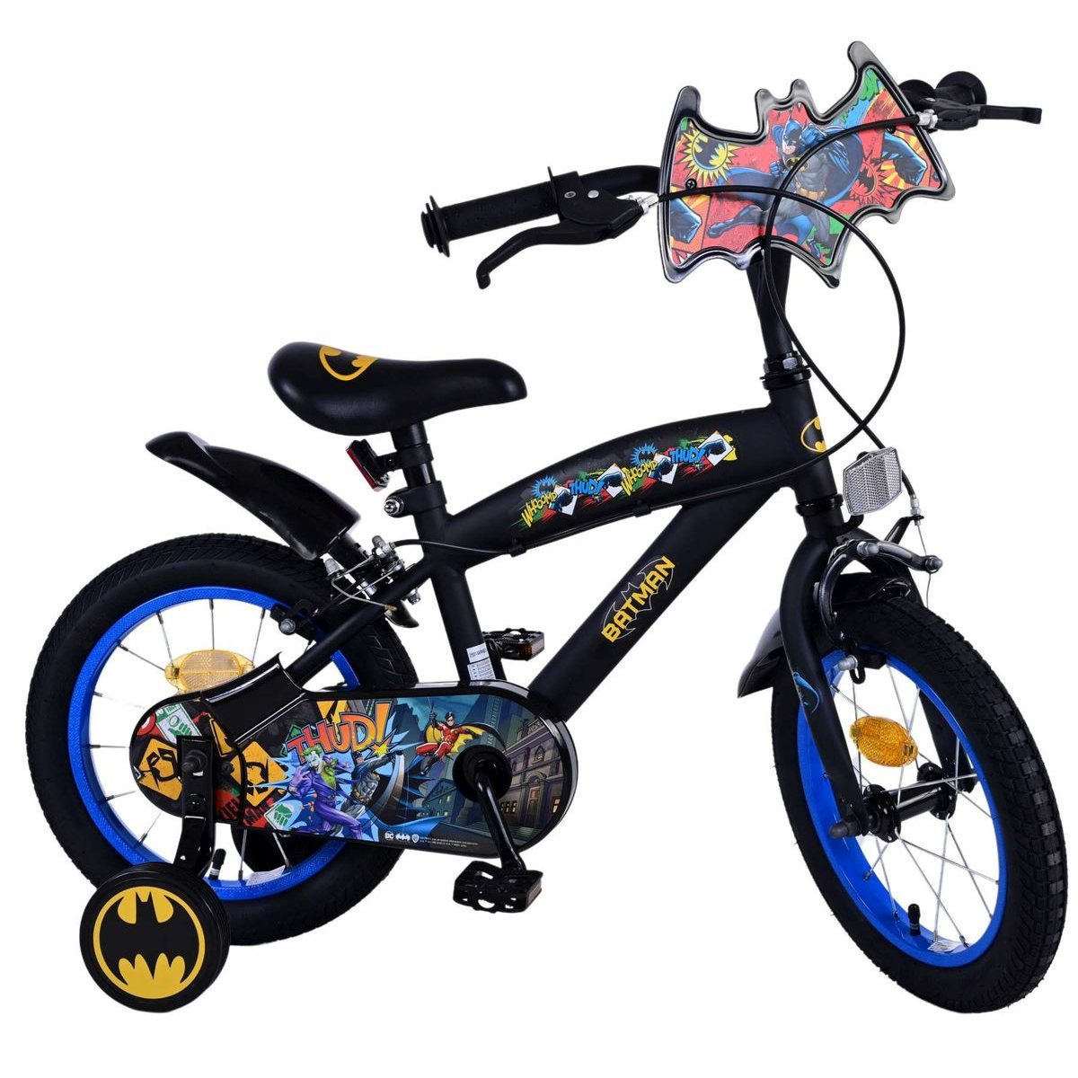 Image of 14-inch Kids' Boys' Bicycle With Rim Brakes, , Mudguards, And Training Wheels - Batman 20549-fw14