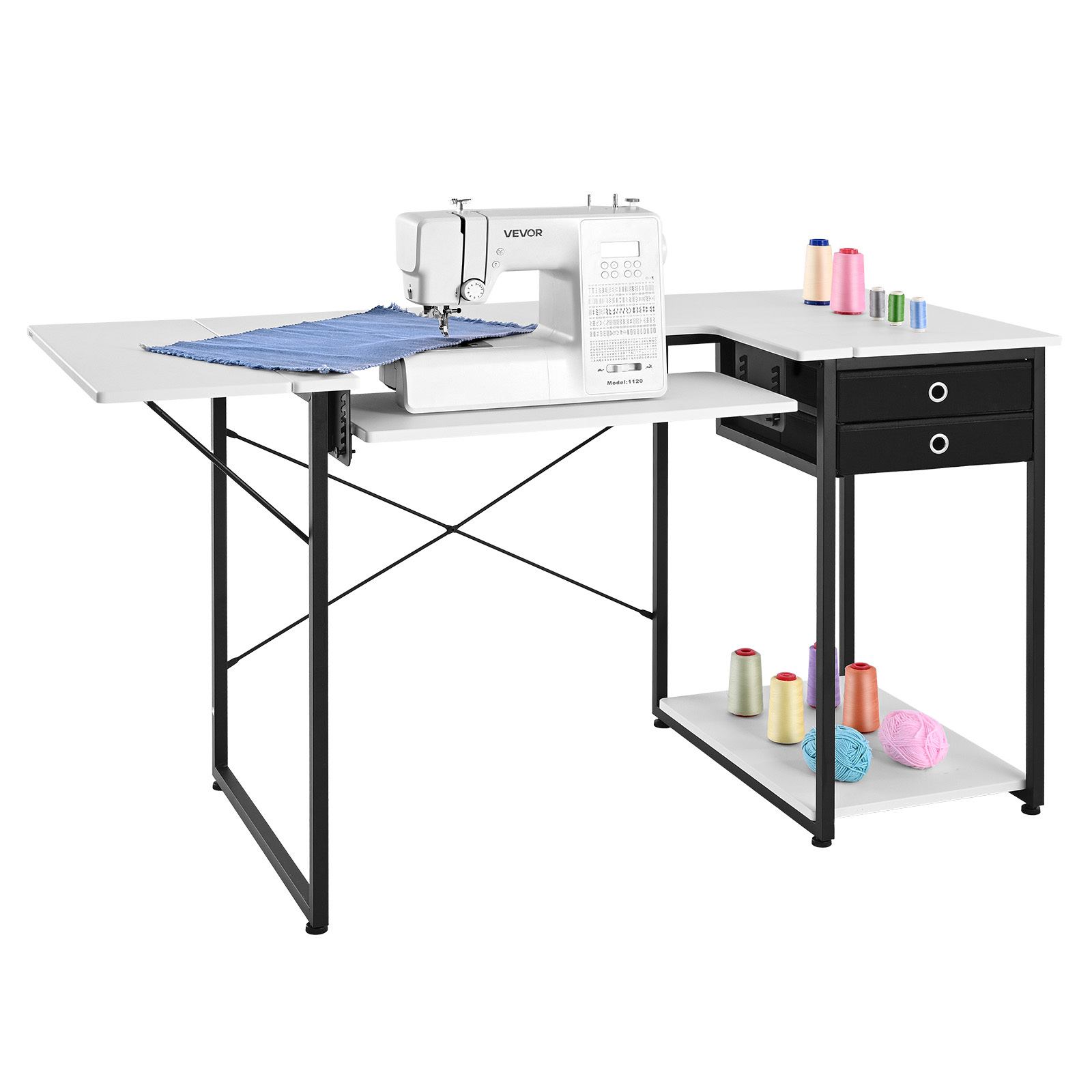 Vevor Sewing Table, Multipurpose Sewing Machine Table With Drawers, Foldable Side Shelf, Adjustable Shelf, Steel Legs, Computer Desk For Home, , , Educational