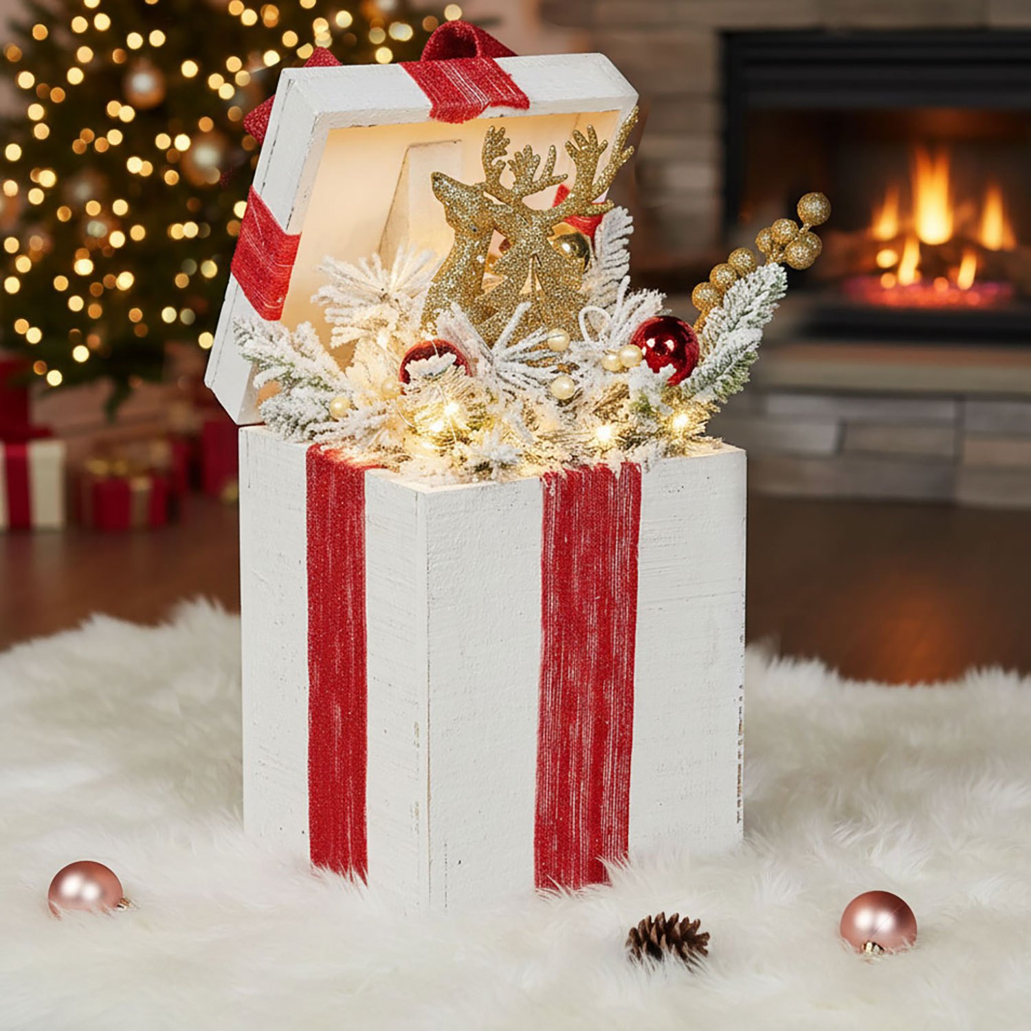 TEMU Light Up White Wooden Gift Box Christmas Decoration Parcel Indoor Xmas Decorations For Tree With Battery Operated 20 Warm White Led Lights,