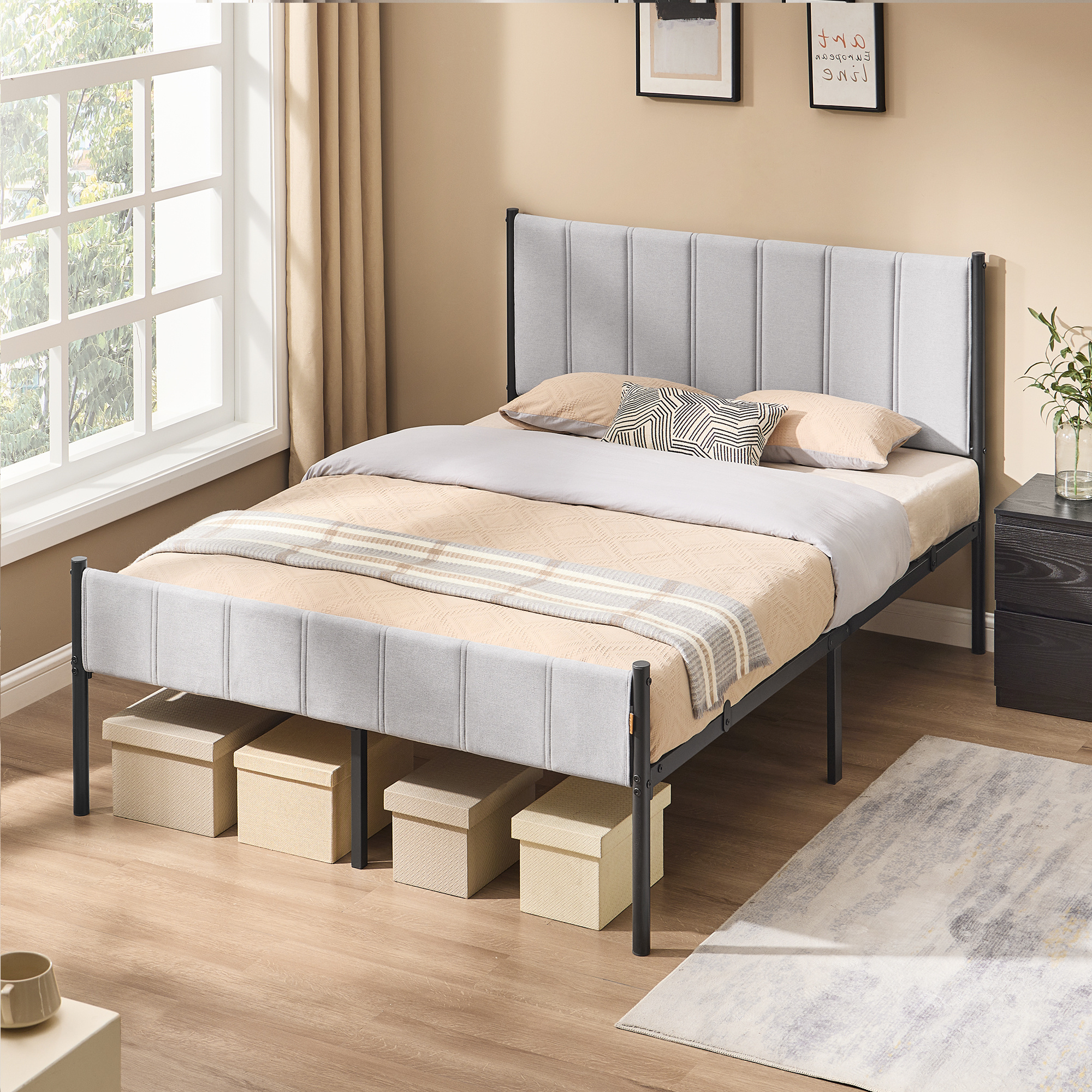 Bed Frame, Double Bed Frame 140 X 200 Cm, With Upholstered Headboard, Bed Base, Steel Slats, Supports Up To 500 Kg, Easy Assembly