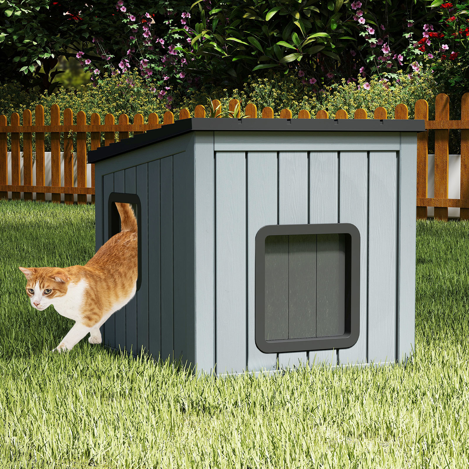 Image of Weatherproof Plastic Cat House, Indoor Outdoor Insulated Feral Shelter With 2 Pvc Doors & Sloped Roof, Pet Kennel For Cats, Small Dogs, Rabbits, Easy To Clean & Assemble