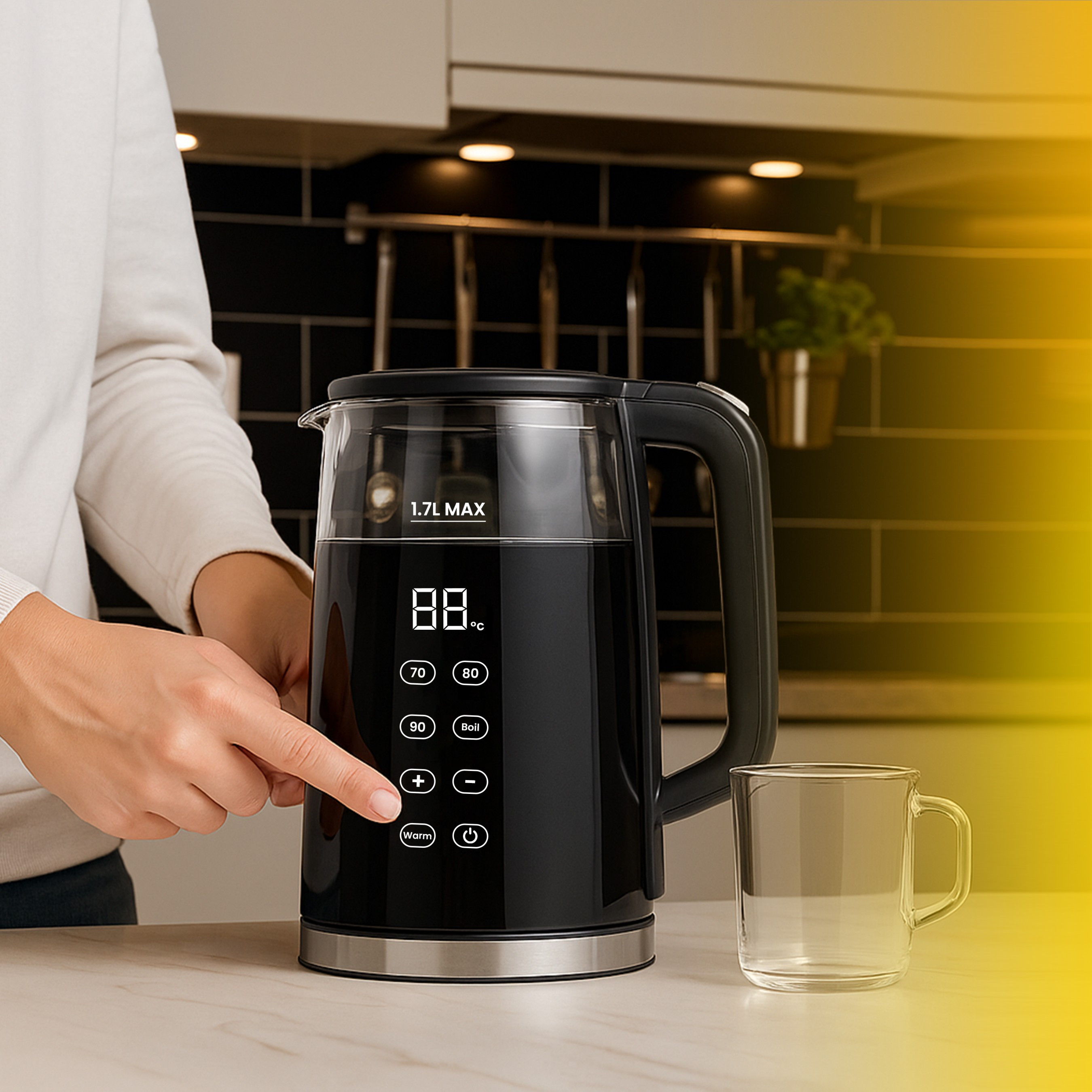 TEMU Elektrischer Wasserkocher aus Glas 1,7L RETOO Smarthome, mit Temperaturregelung 70-100°C | LED-Beleuchtung, Touch-Panel, Warmhaltefunktion,